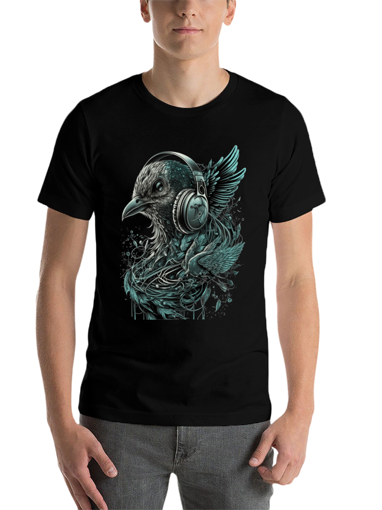 Black Bird with Headphones Graphic Tee view 7