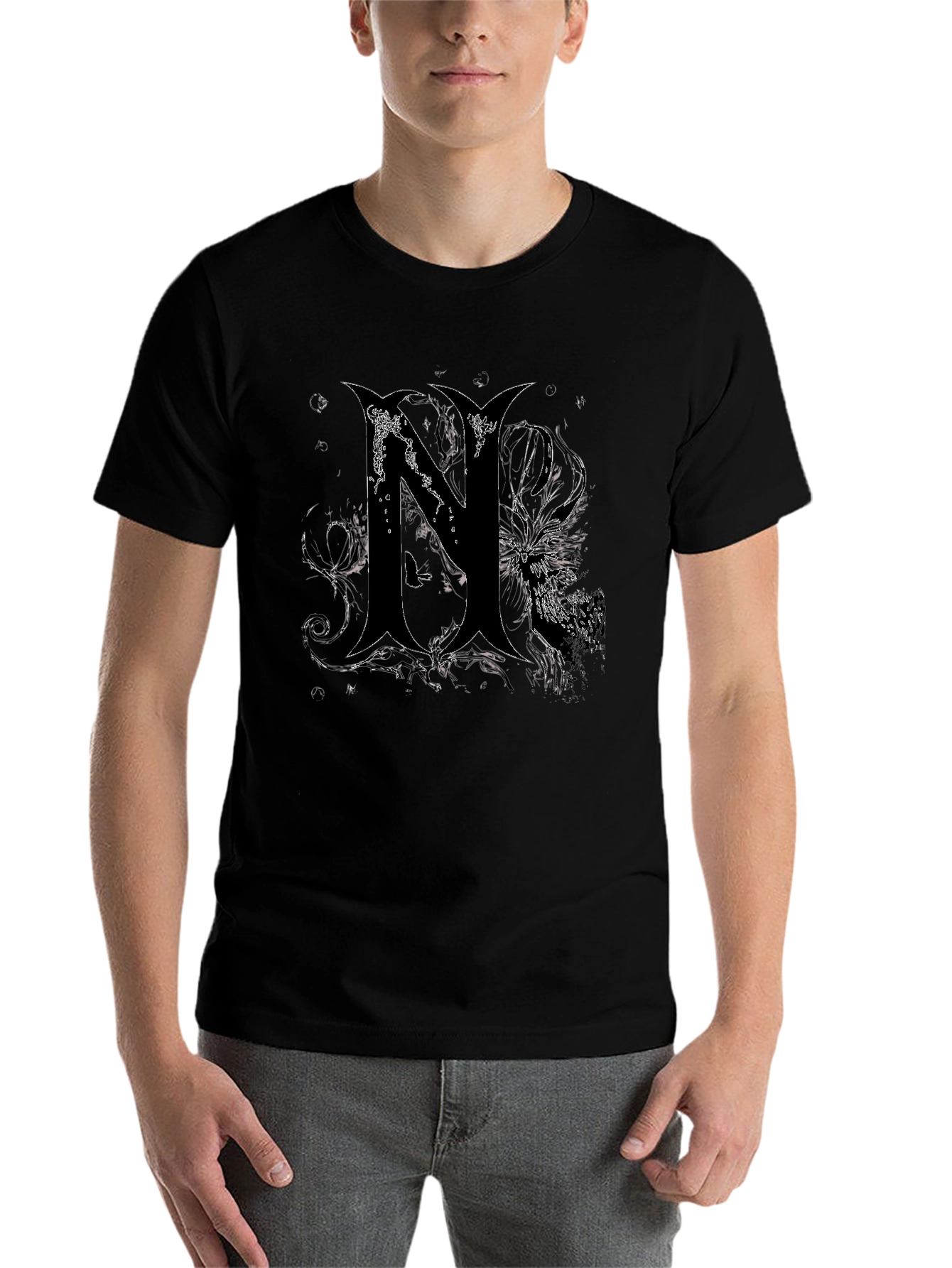 Black Edgy Gothic "N" Graphic Print Black T-Shirt view 7