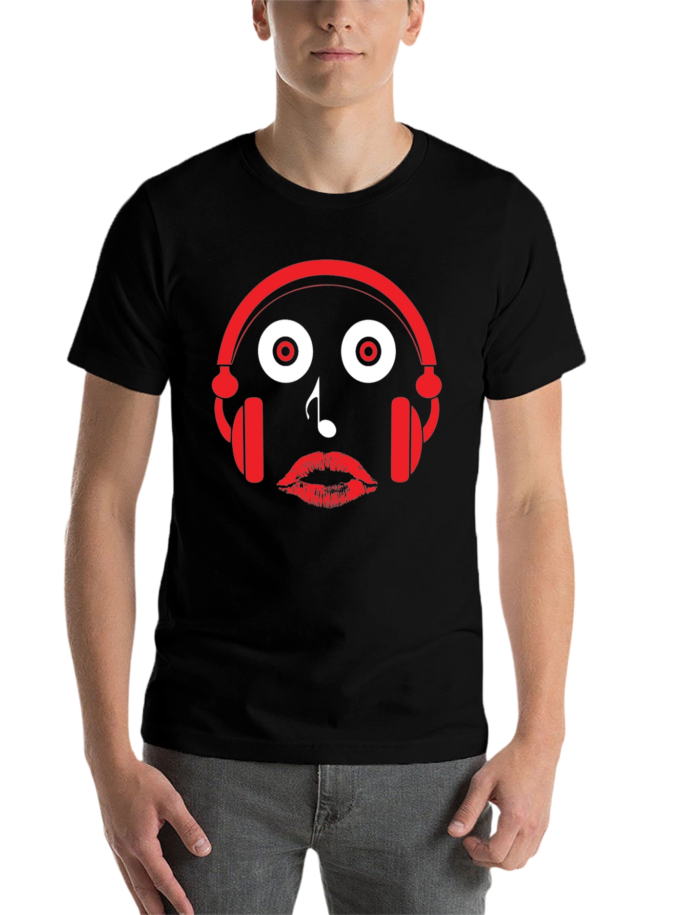 Black Music Lover's Tee: Headphones, Note, Lips Graphic T-Shirt view 7
