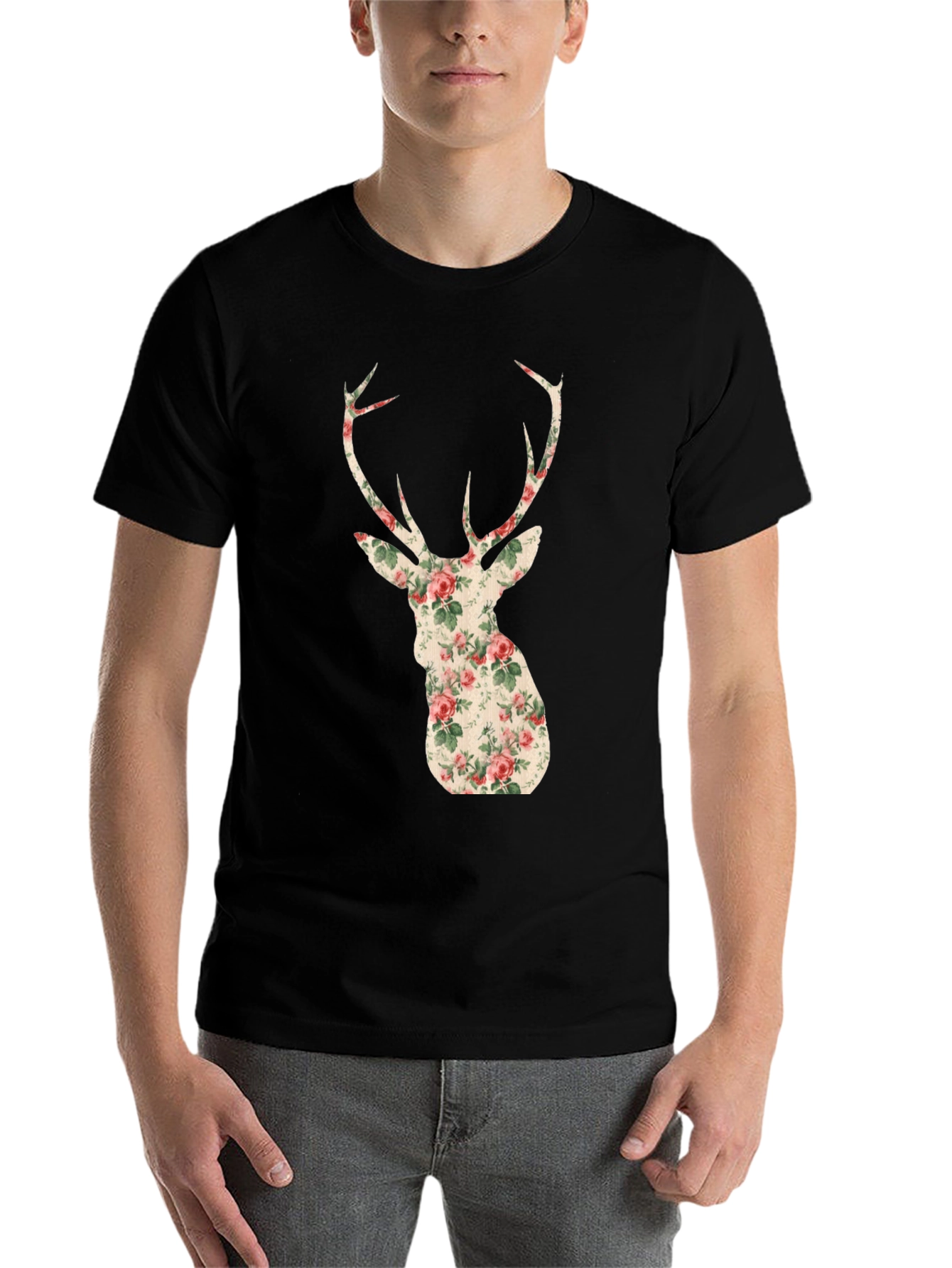 Black Floral Deer Head Graphic Tee - Trendy Animal Print view 7