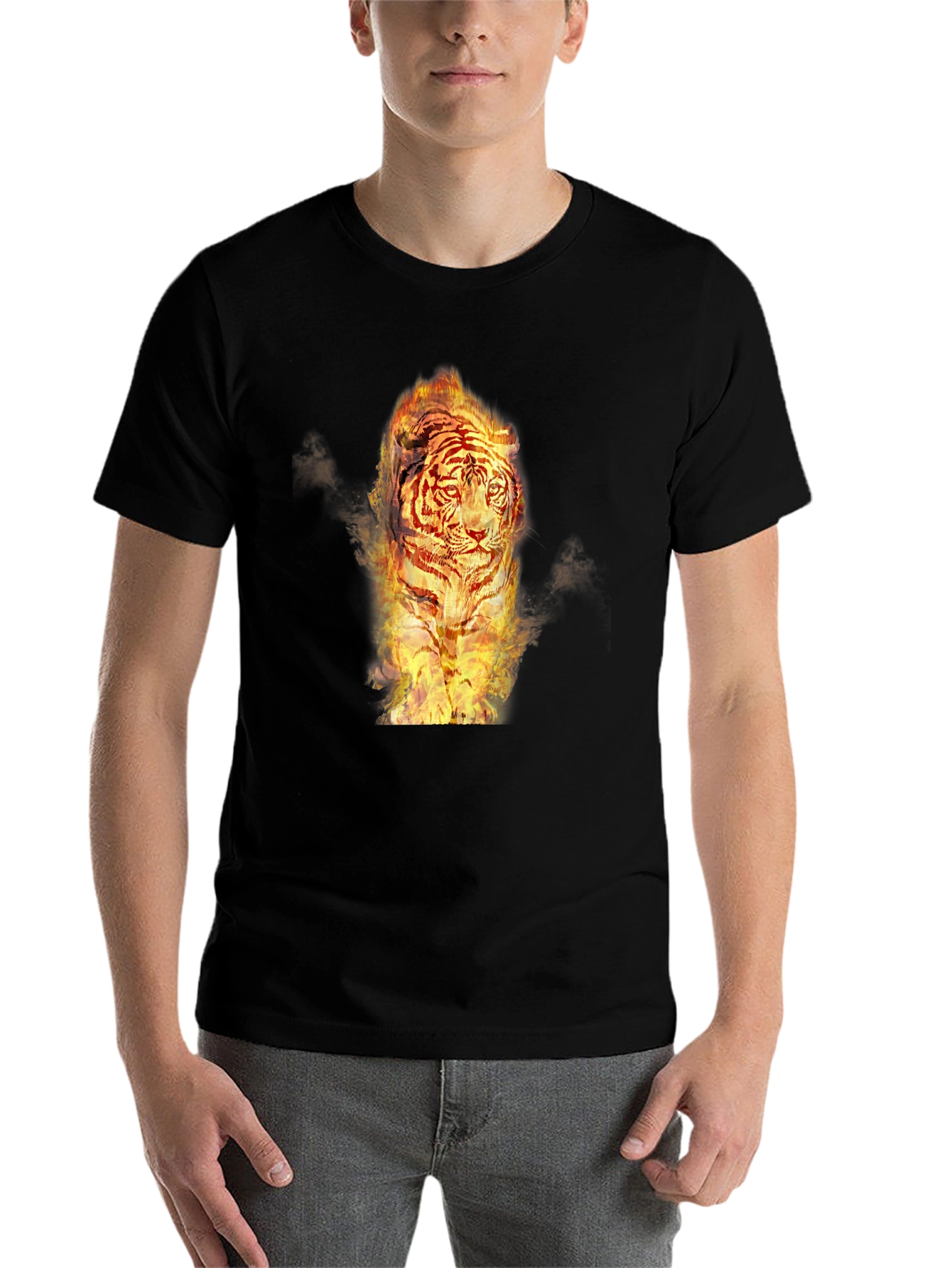 Black Fiery Tiger Graphic Tee - Bold Black Cotton T-Shirt view 7