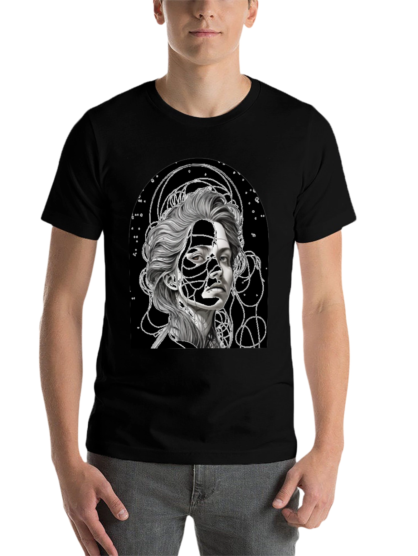 Black Abstract Portrait Graphic Tee - Stylish Black T-Shirt view 7