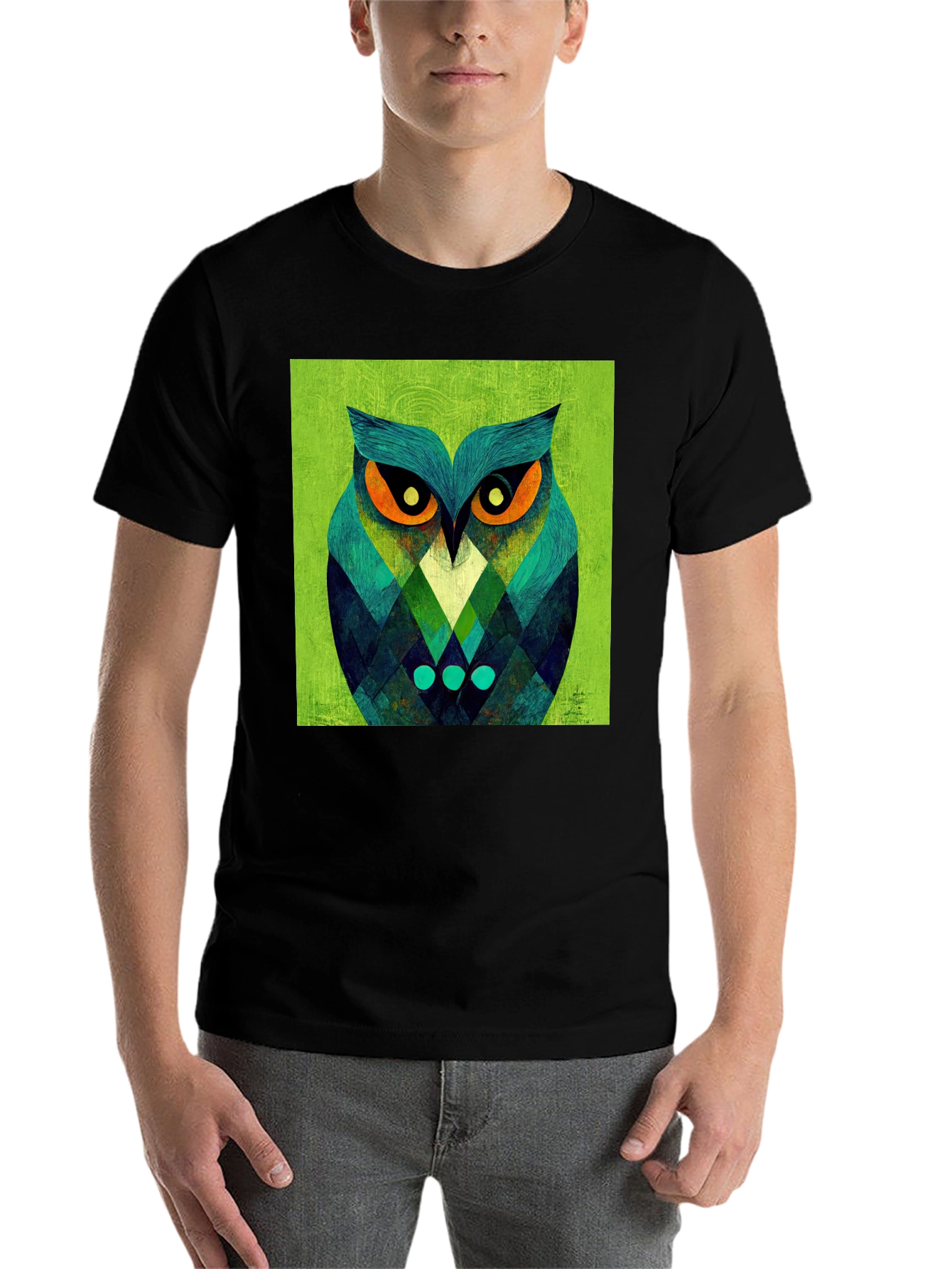Black Geometric Owl Graphic Tee - Black Cotton Blend view 7