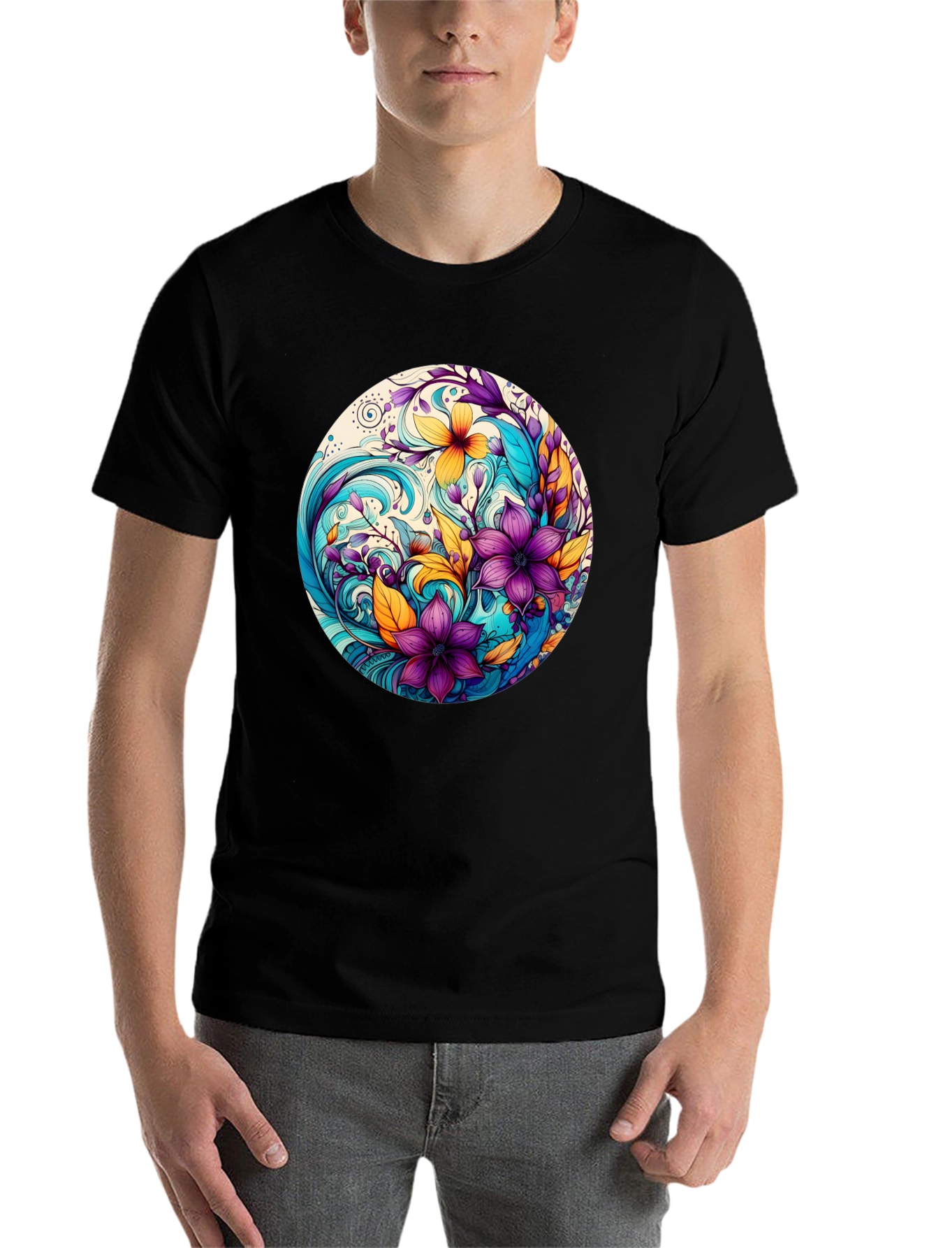 Black Floral Swirl Graphic Black T-Shirt view 7