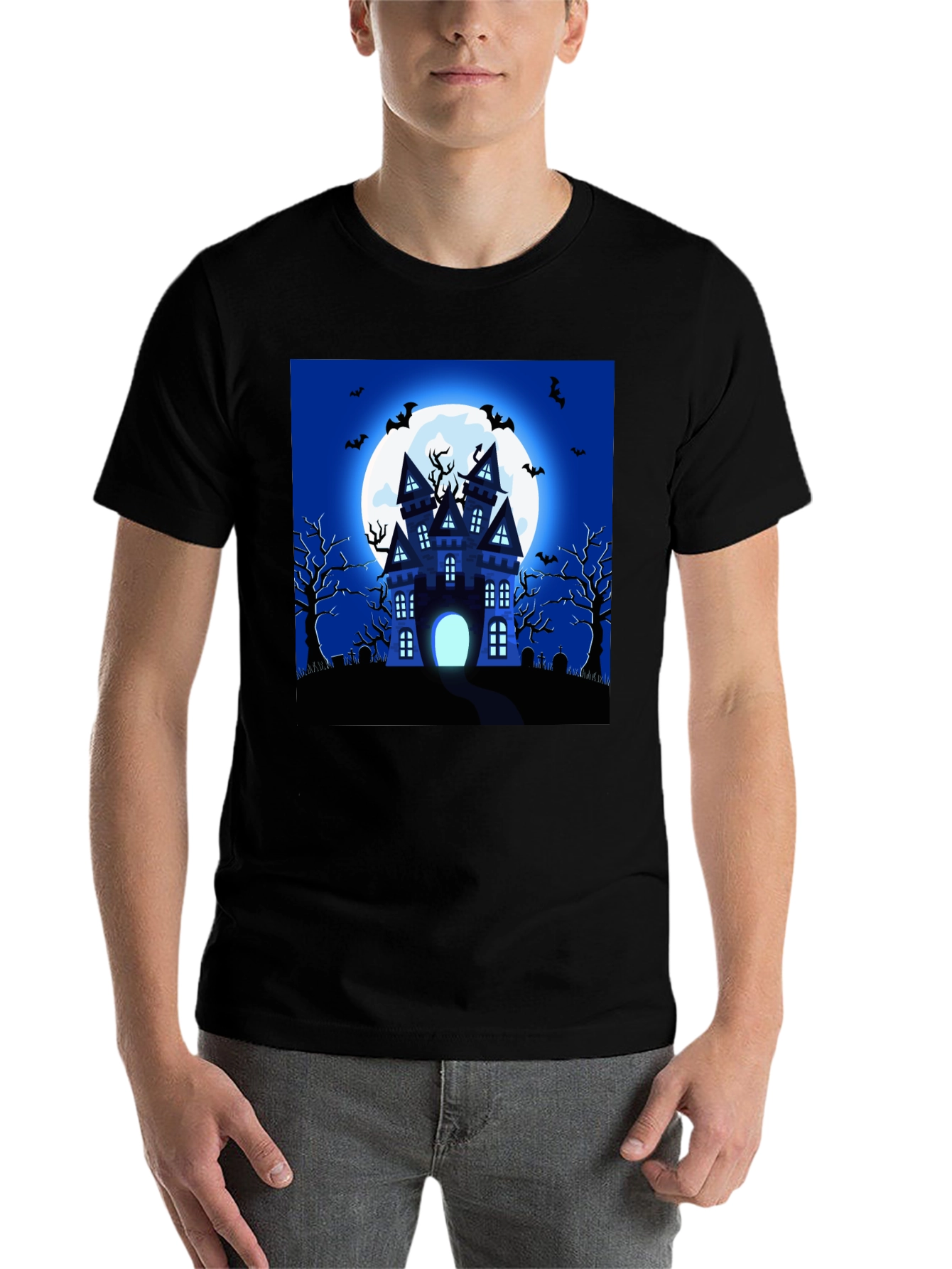 Black Halloween Haunted House Graphic T-Shirt view 7