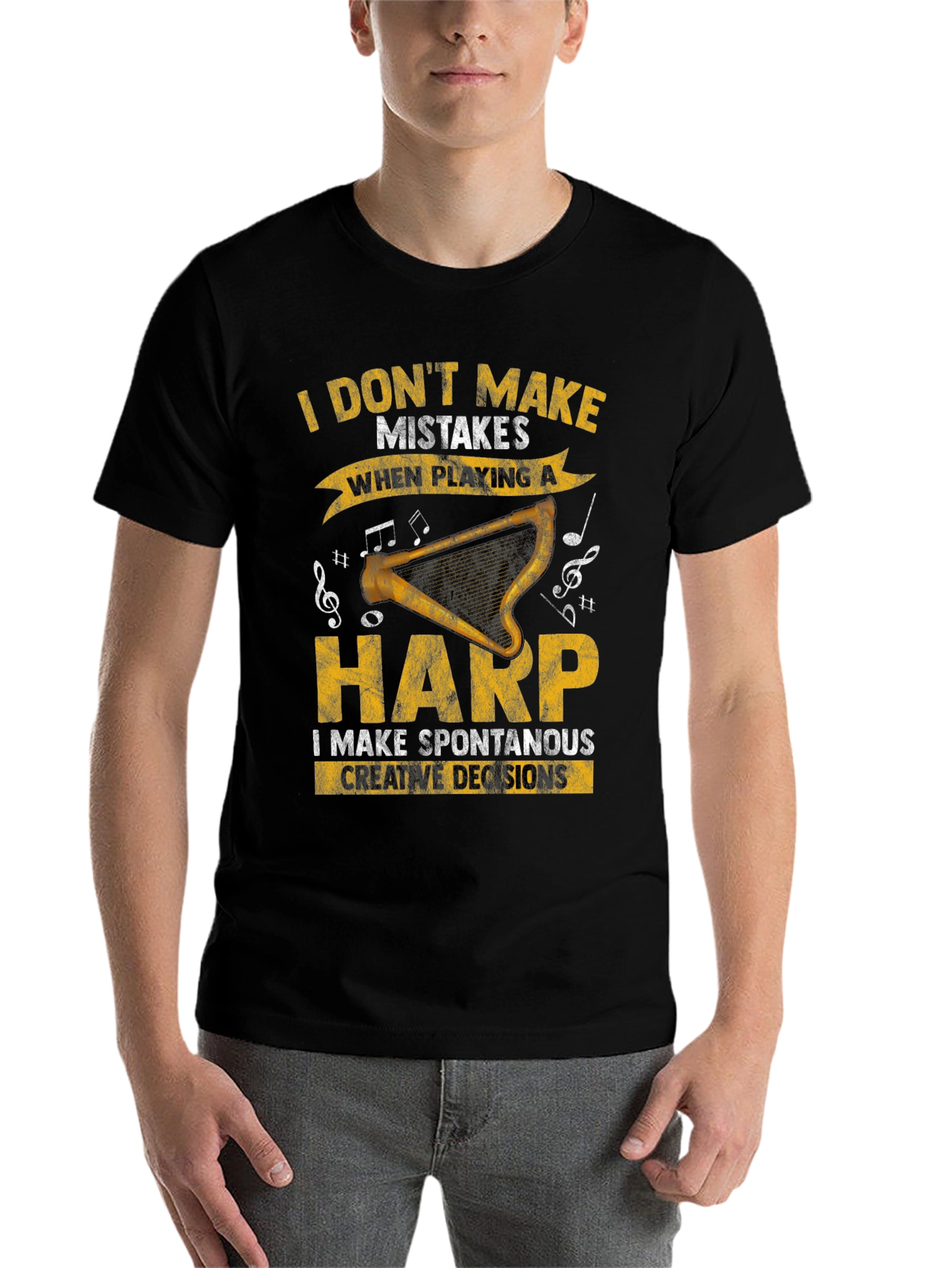 Black Harp Player T-Shirt - Spontaneous Creative Decisions view 7