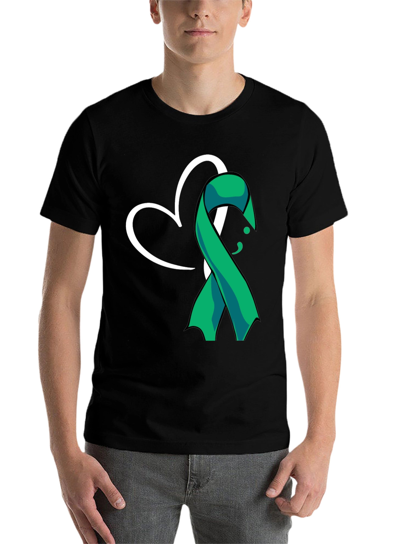Black Semicolon Heart Ribbon Mental Health T-Shirt view 7