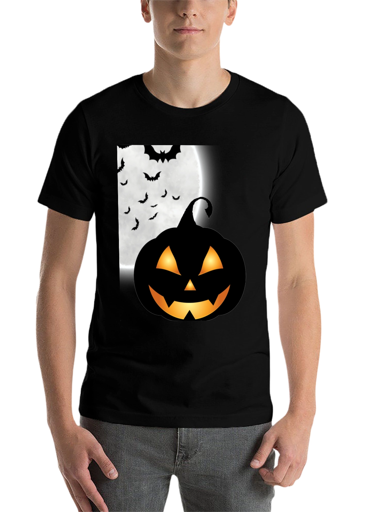 Black Halloween Pumpkin Bat Moon Graphic T-Shirt view 7