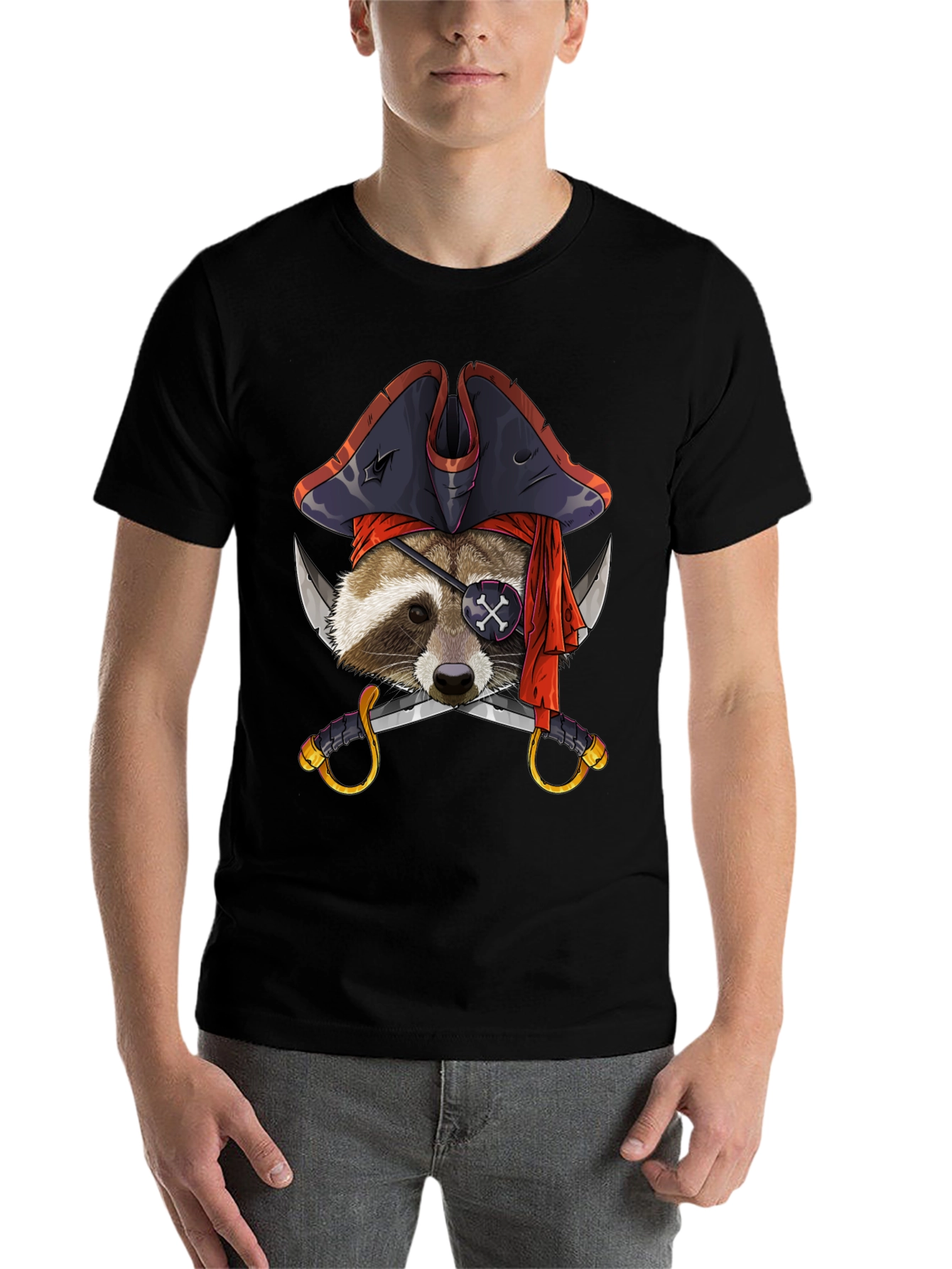 Black Pirate Raccoon Graphic Tee - Mens Black T-Shirt view 7