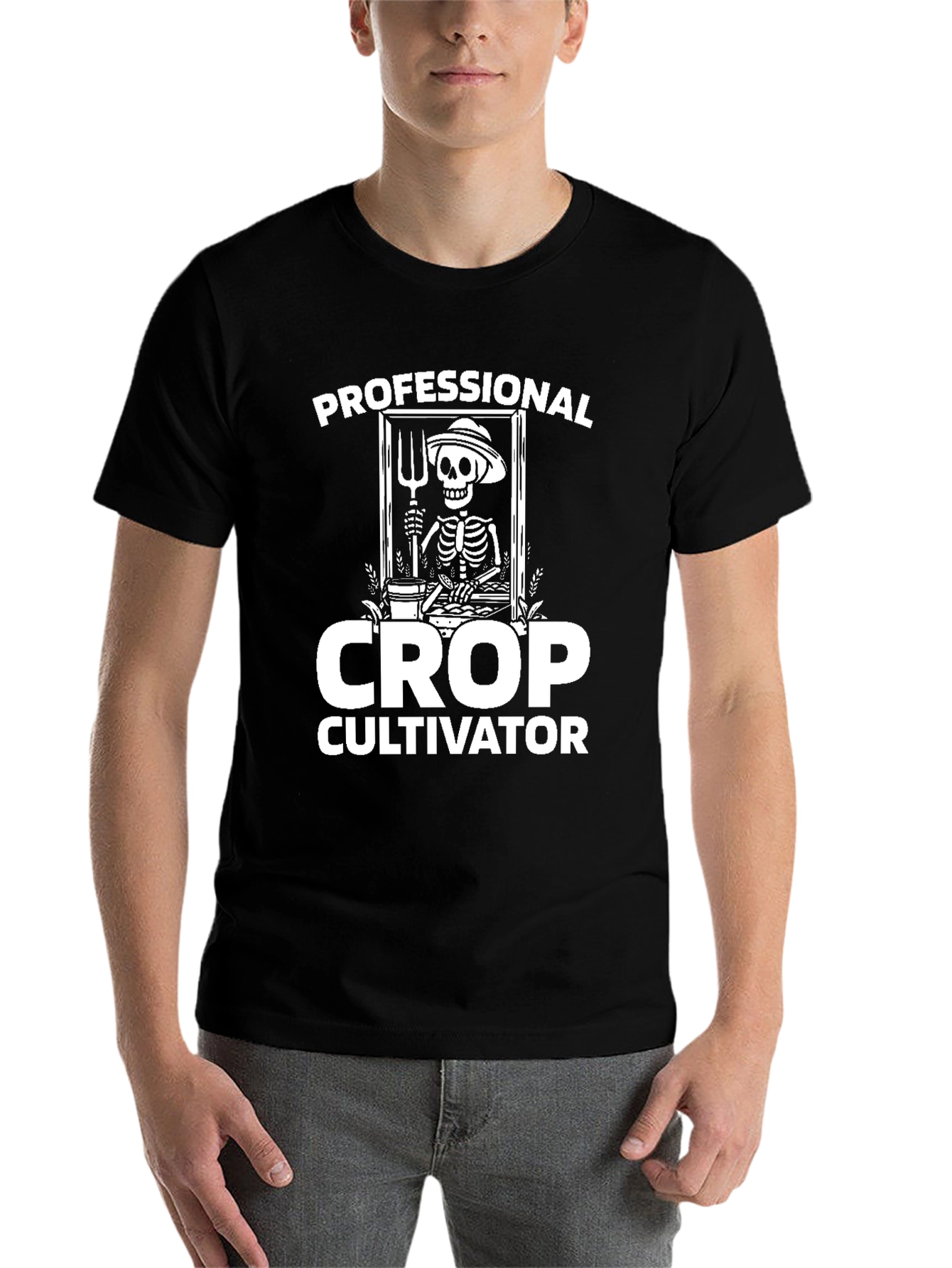 Black Professional Crop Cultivator T-Shirt - Skeleton Farmer Tee view 7