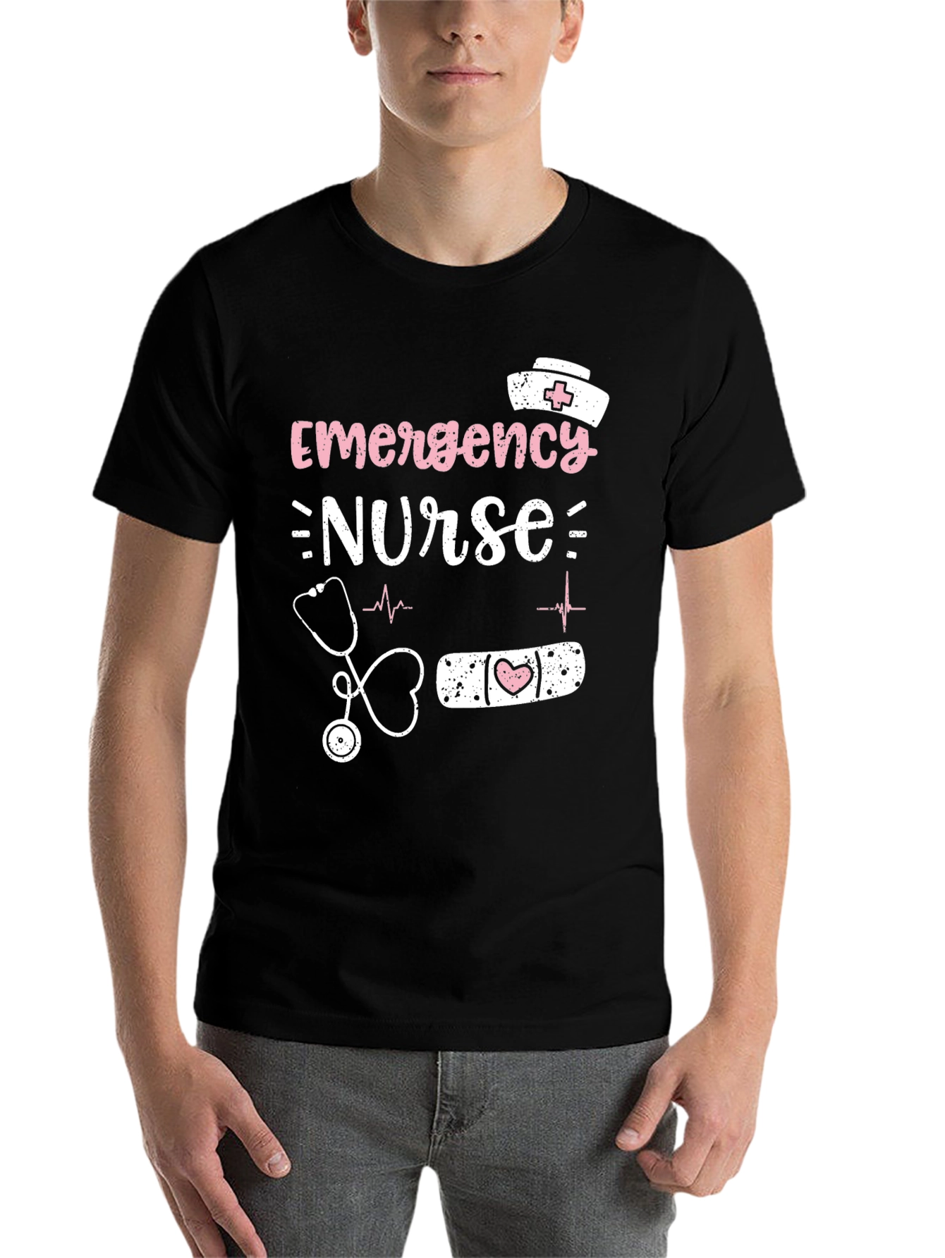 Black Emergency Nurse T-Shirt: Heartbeat, Stethoscope Graphic Tee view 7