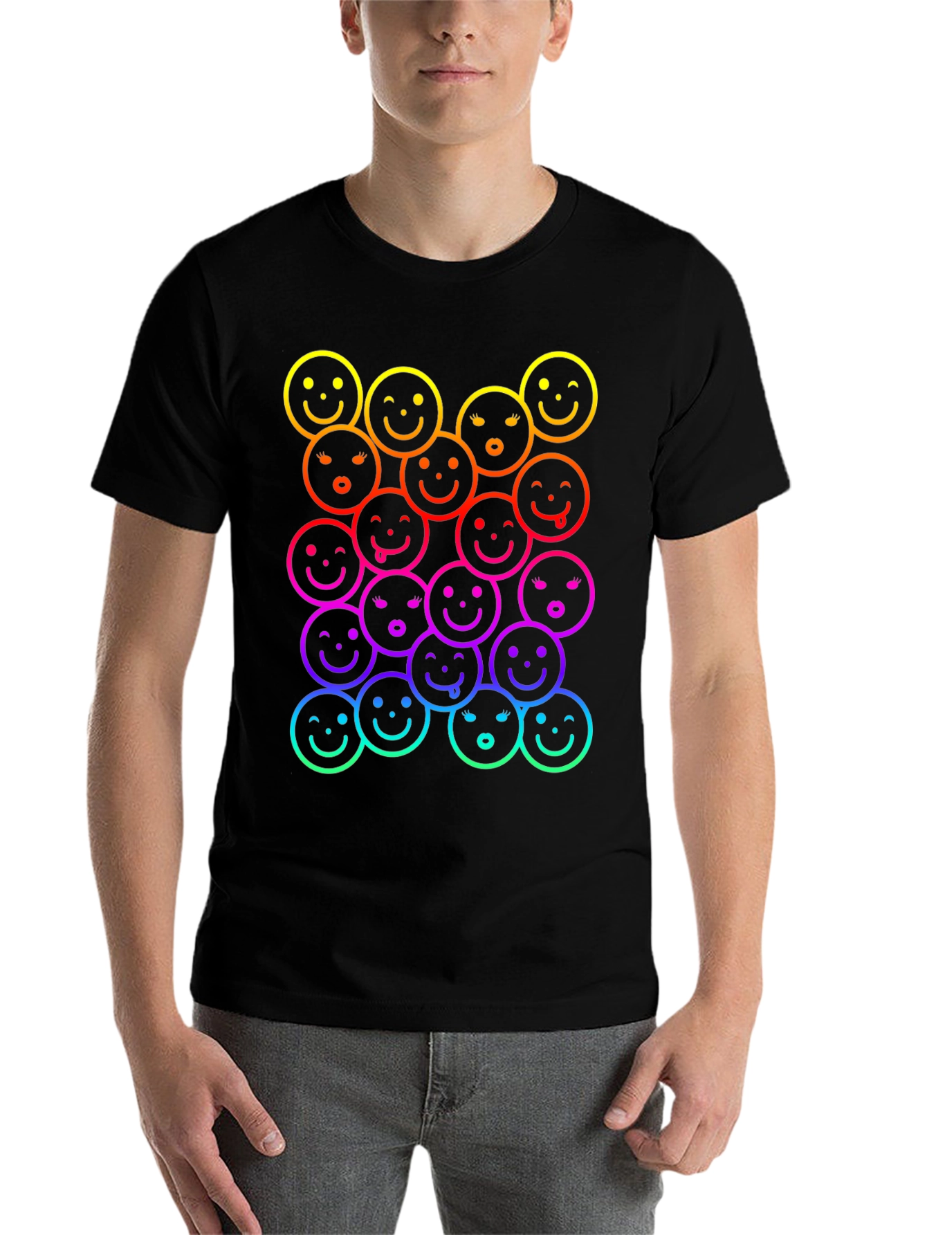 Black Rainbow Smiley Face Graphic Print T-Shirt view 7