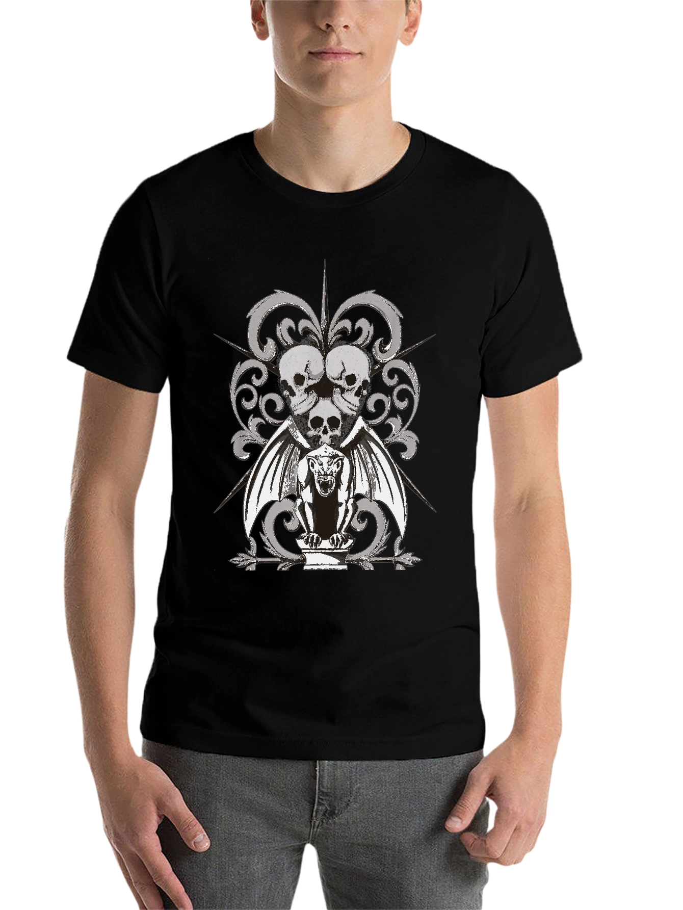 Black Skull & Gargoyle Graphic Black T-Shirt view 7