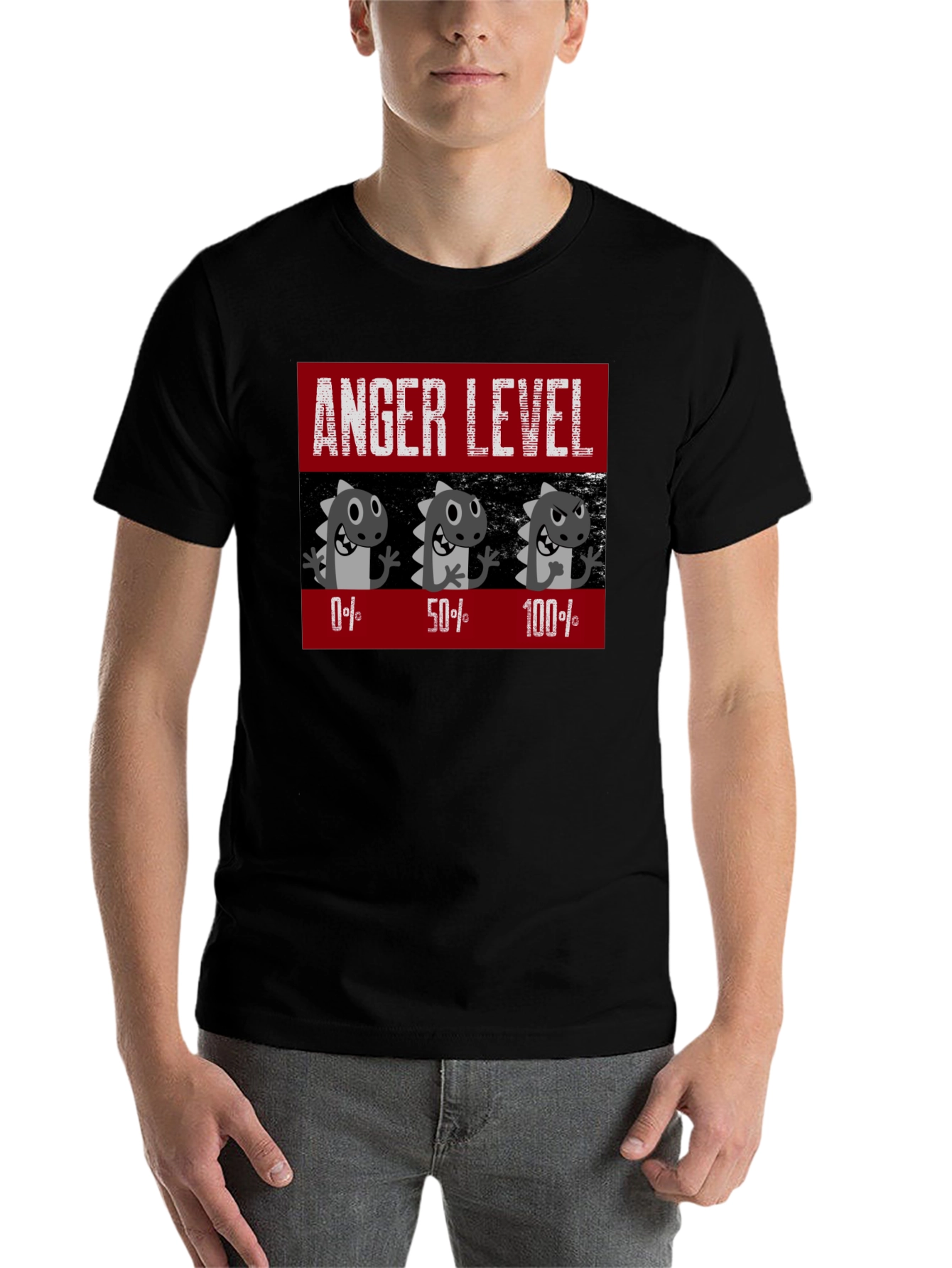Black Anger Level T-Shirt, Funny Dinosaur Mood Tee view 7