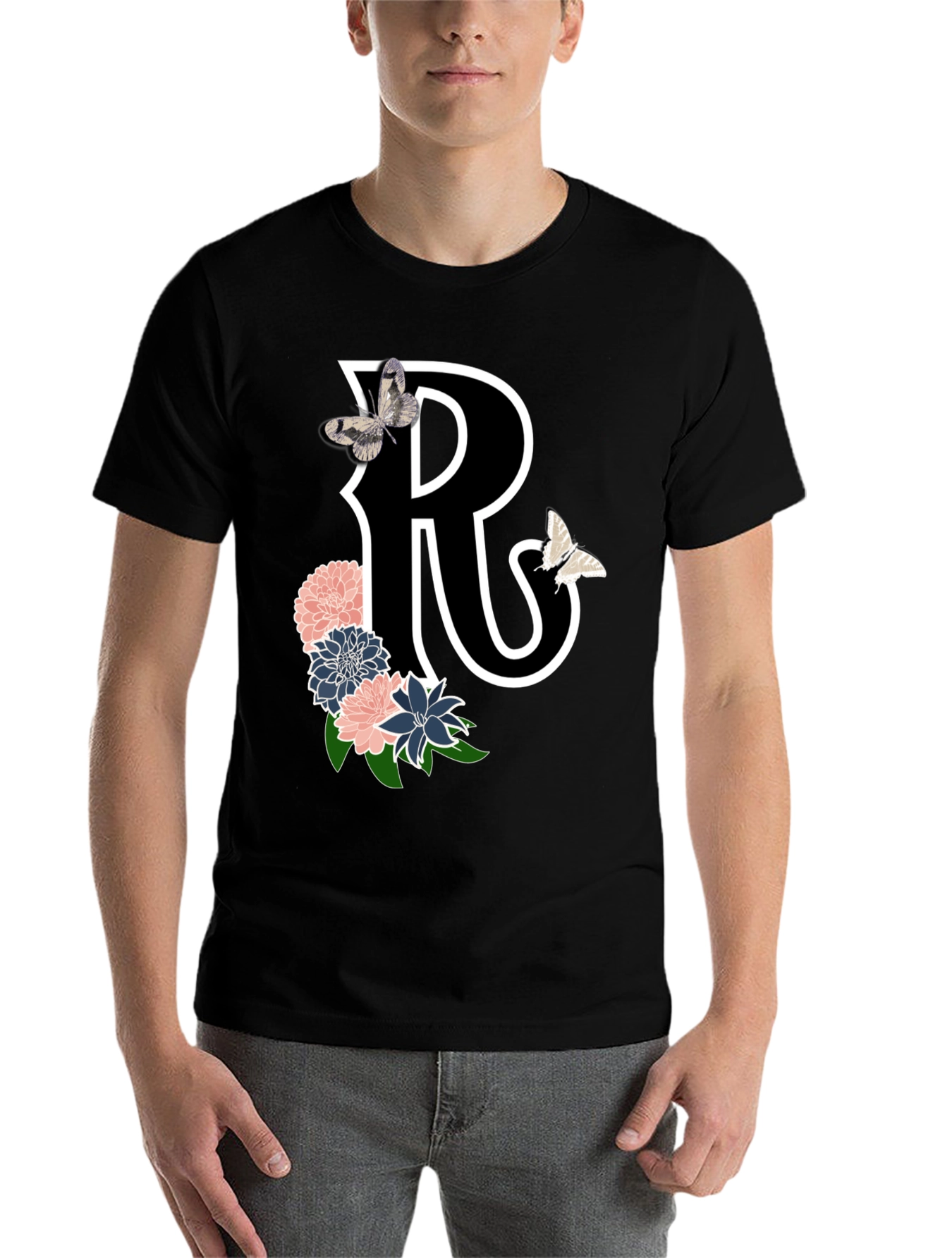 Black Letter R Floral Butterfly Black T-Shirt view 7