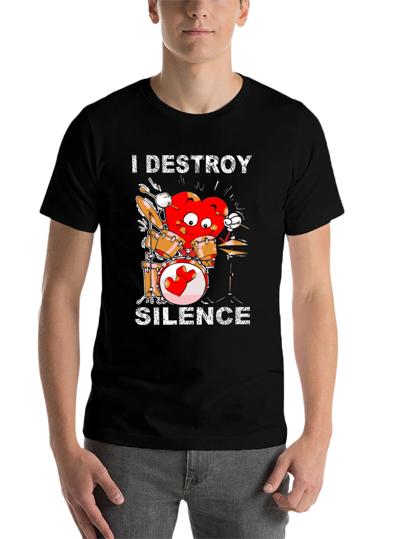 Black I Destroy Silence Drummer Heart T-Shirt view 7