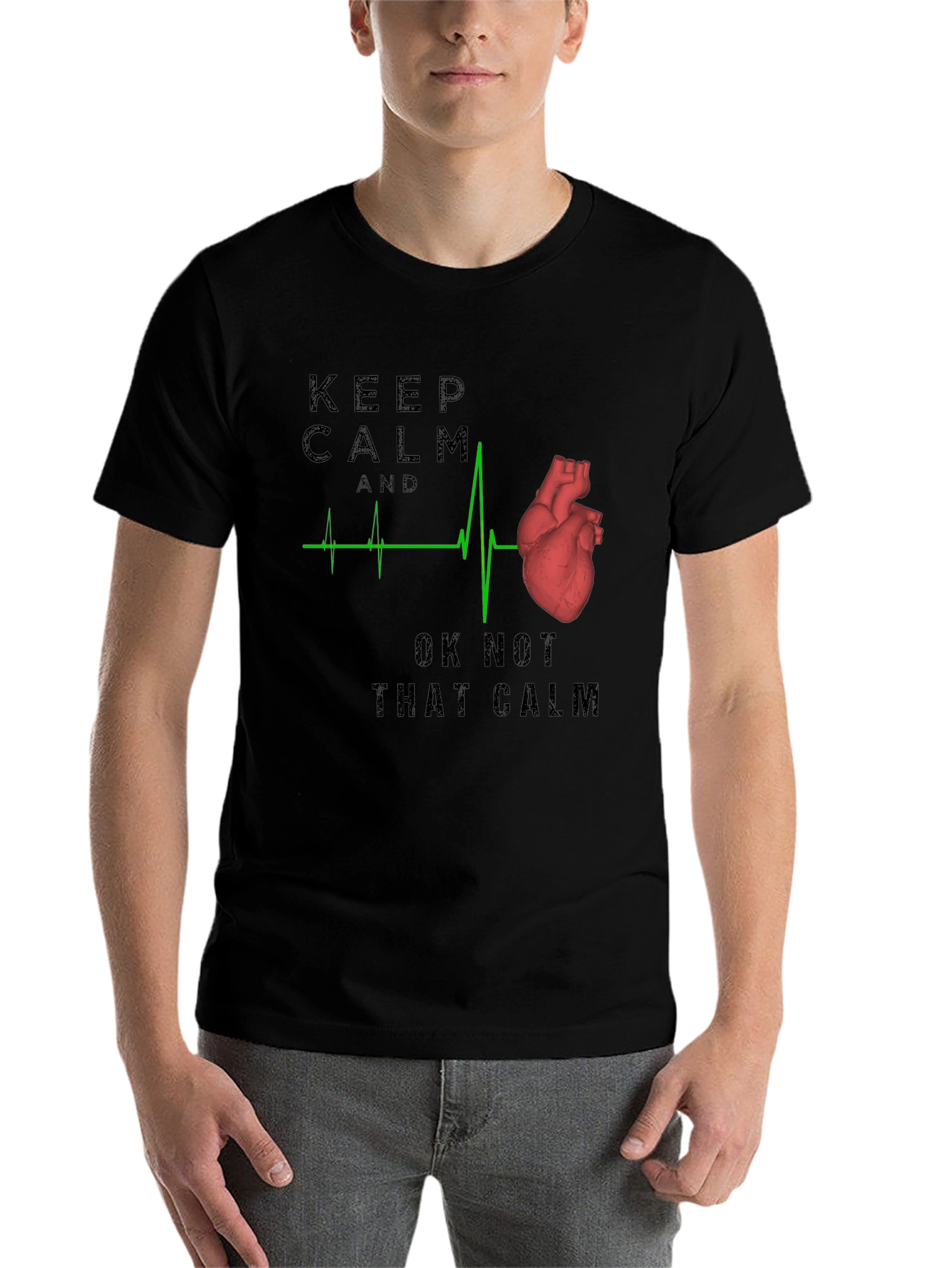 Black Keep Calm Anatomical Heartbeat T-Shirt view 7