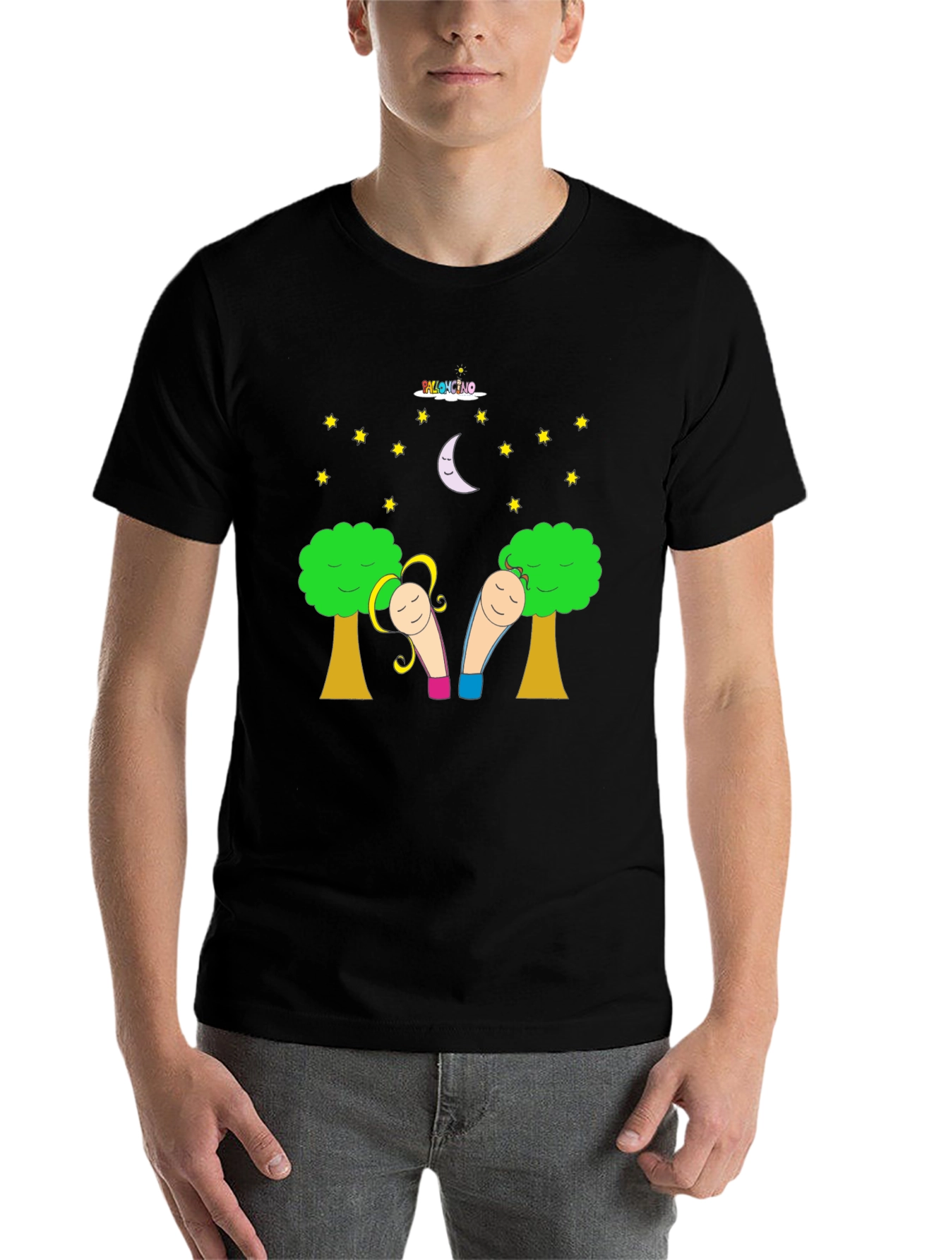 Black Whimsical Cartoon T-Shirt - Unisex Black Tee view 7