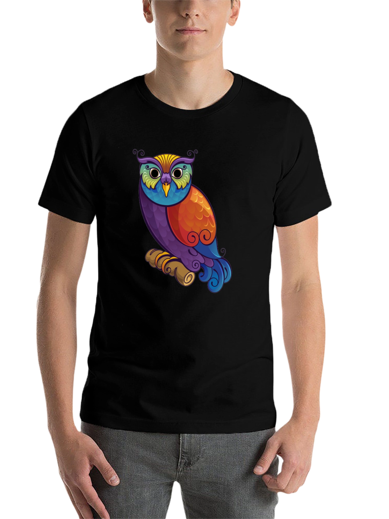 Black Colorful Owl Graphic Print Black T-Shirt view 7