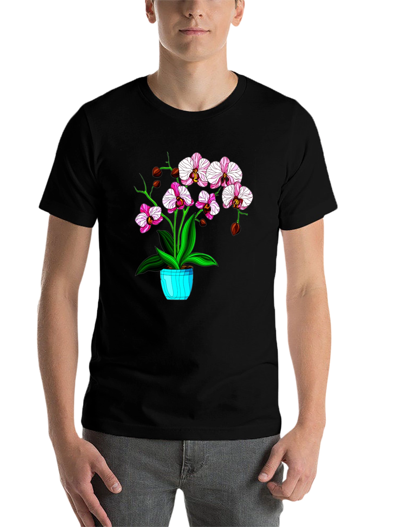 Black Floral T-Shirt with Orchid Plant Graphic view 7