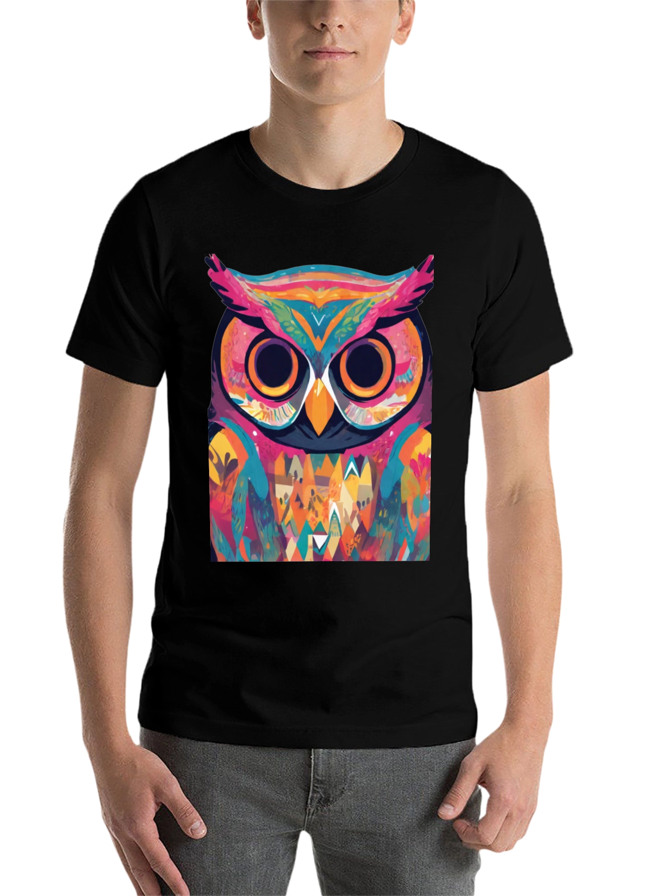 Black Abstract Owl Graphic Tee - Cool Colorful Design view 7