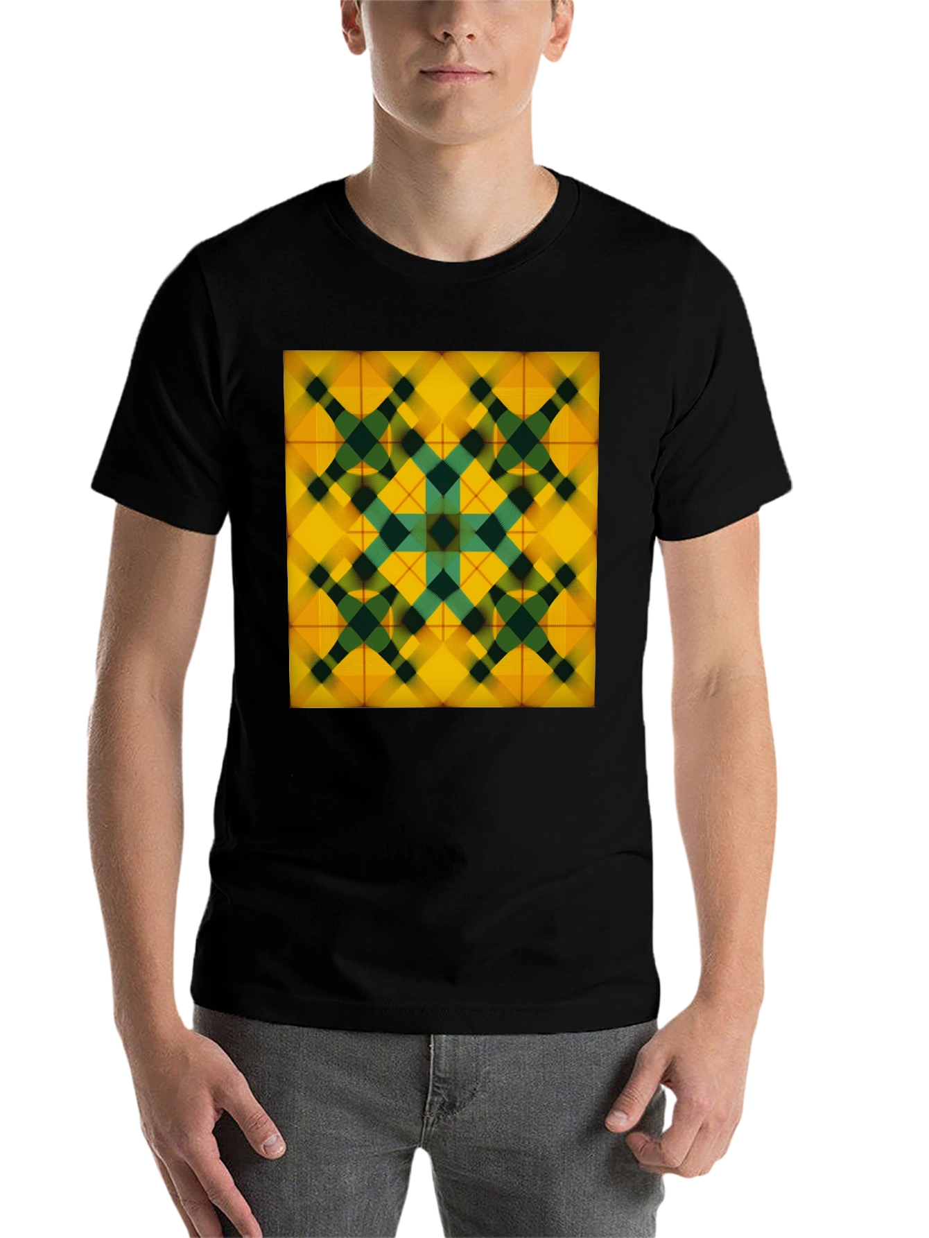 Black Geometric Plaid Tee - Stylish Graphic Print view 7