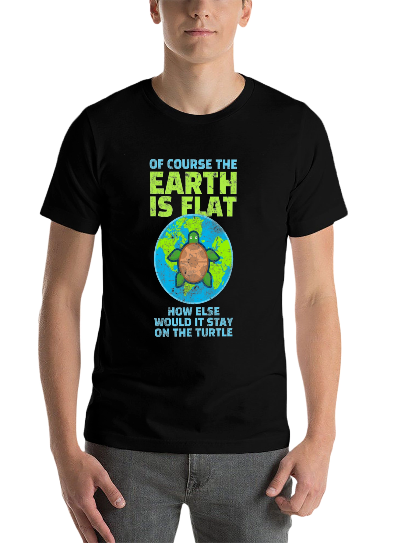 Black Flat Earth Turtle Humor T-Shirt view 7