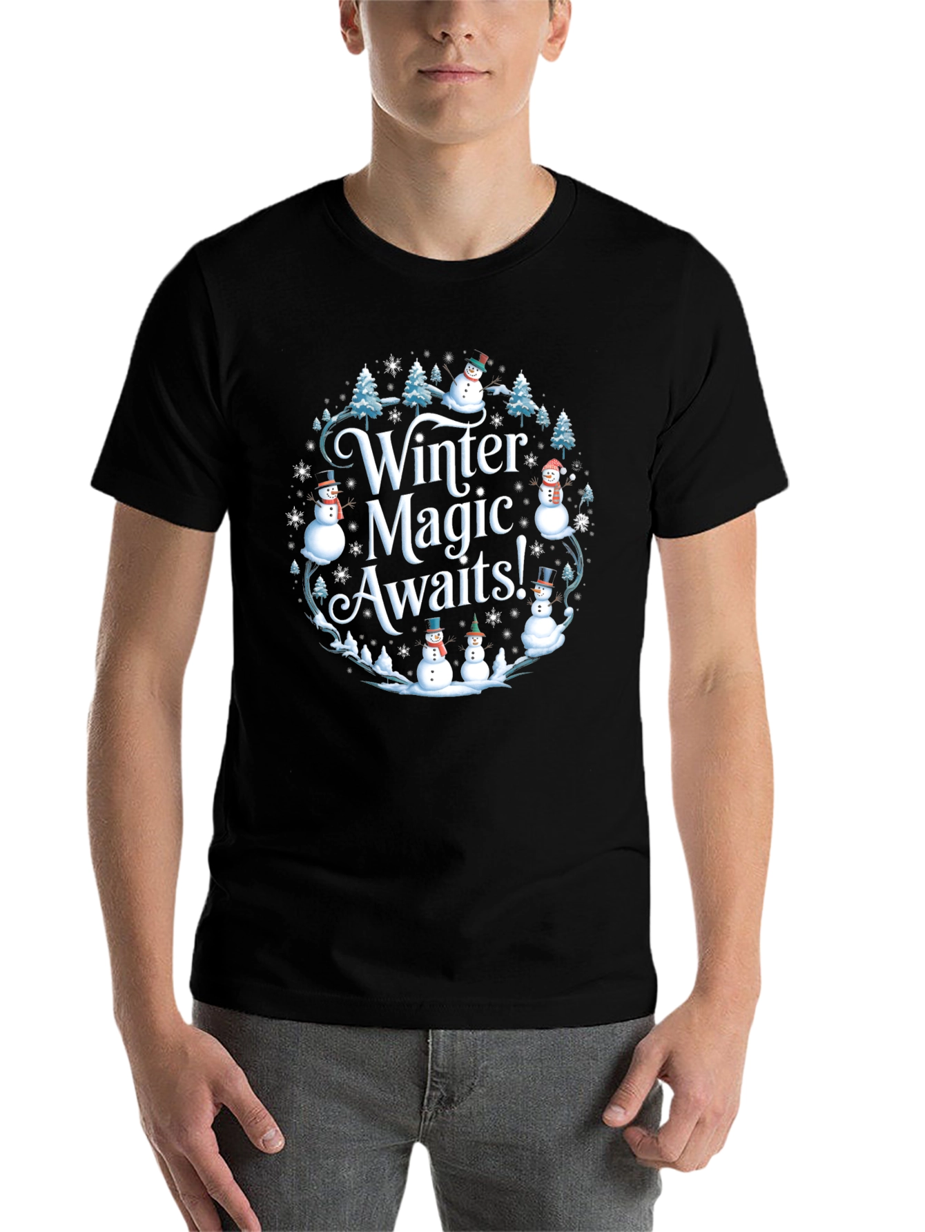 Black Winter Magic Snowman Holiday T-Shirt view 7