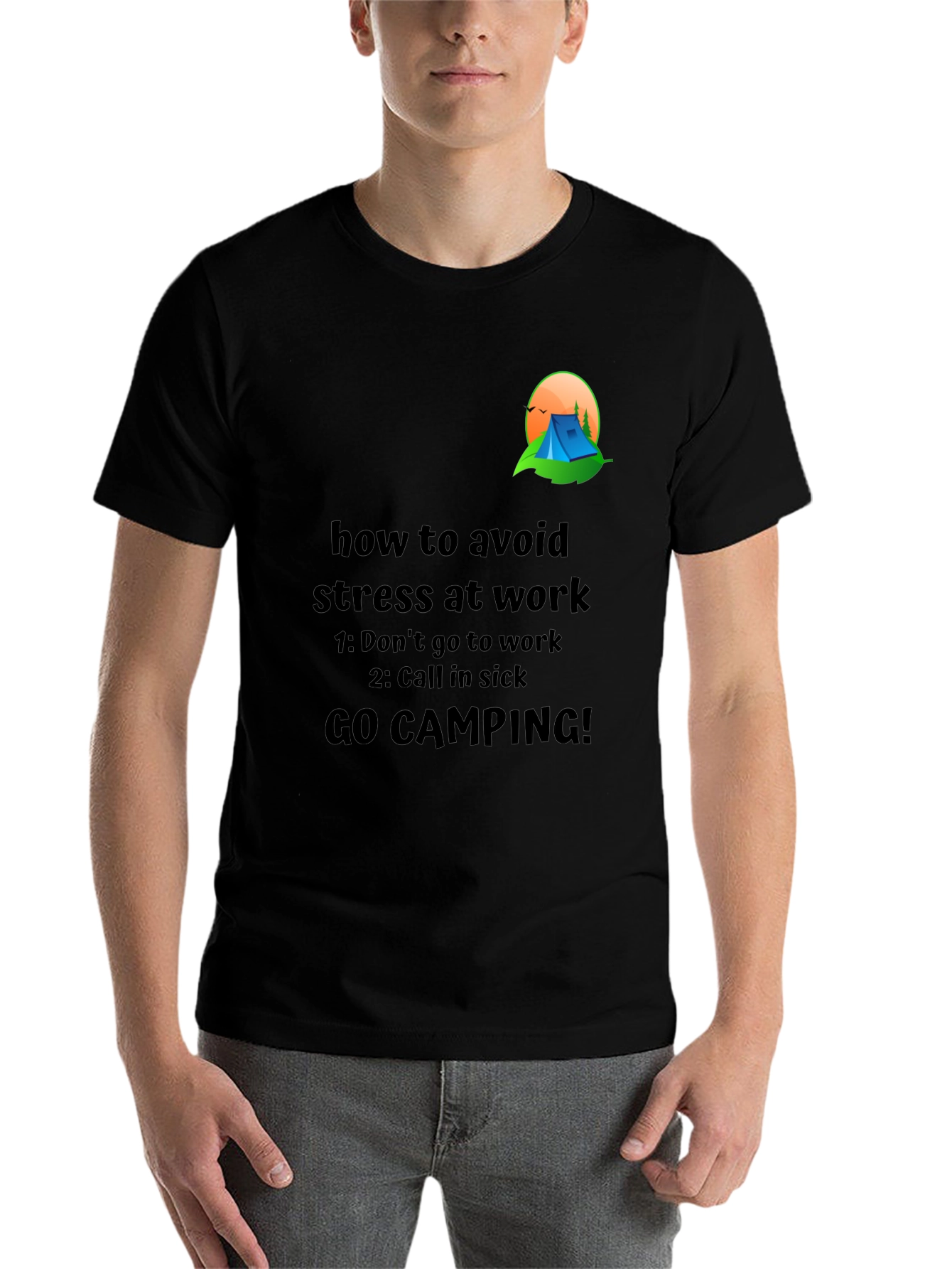 Black Avoid Stress T-Shirt: Camping Graphic Tee view 7