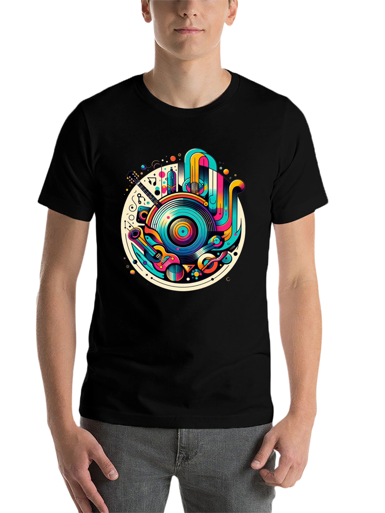 Black Retro Music Graphic T-Shirt - Colorful Vinyl Record Tee view 7