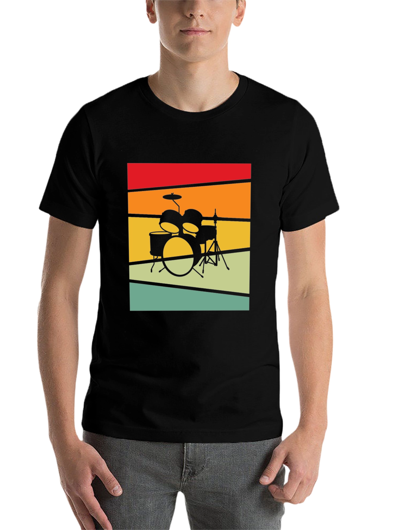 Black Retro Drum Set Graphic T-Shirt - Vintage Style Tee view 7