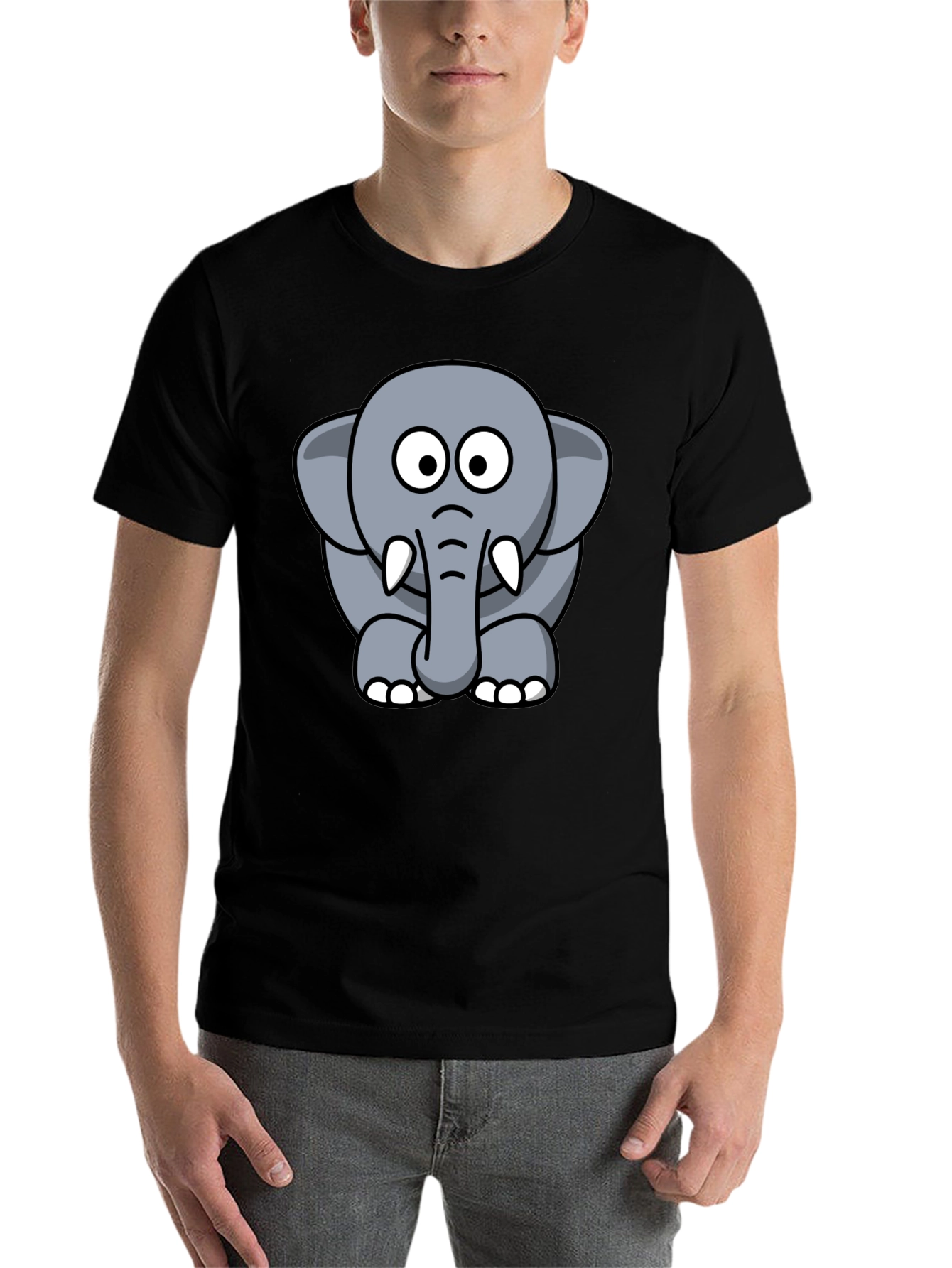 Black Cartoon Elephant Graphic Tee - Black Cotton T-Shirt view 7