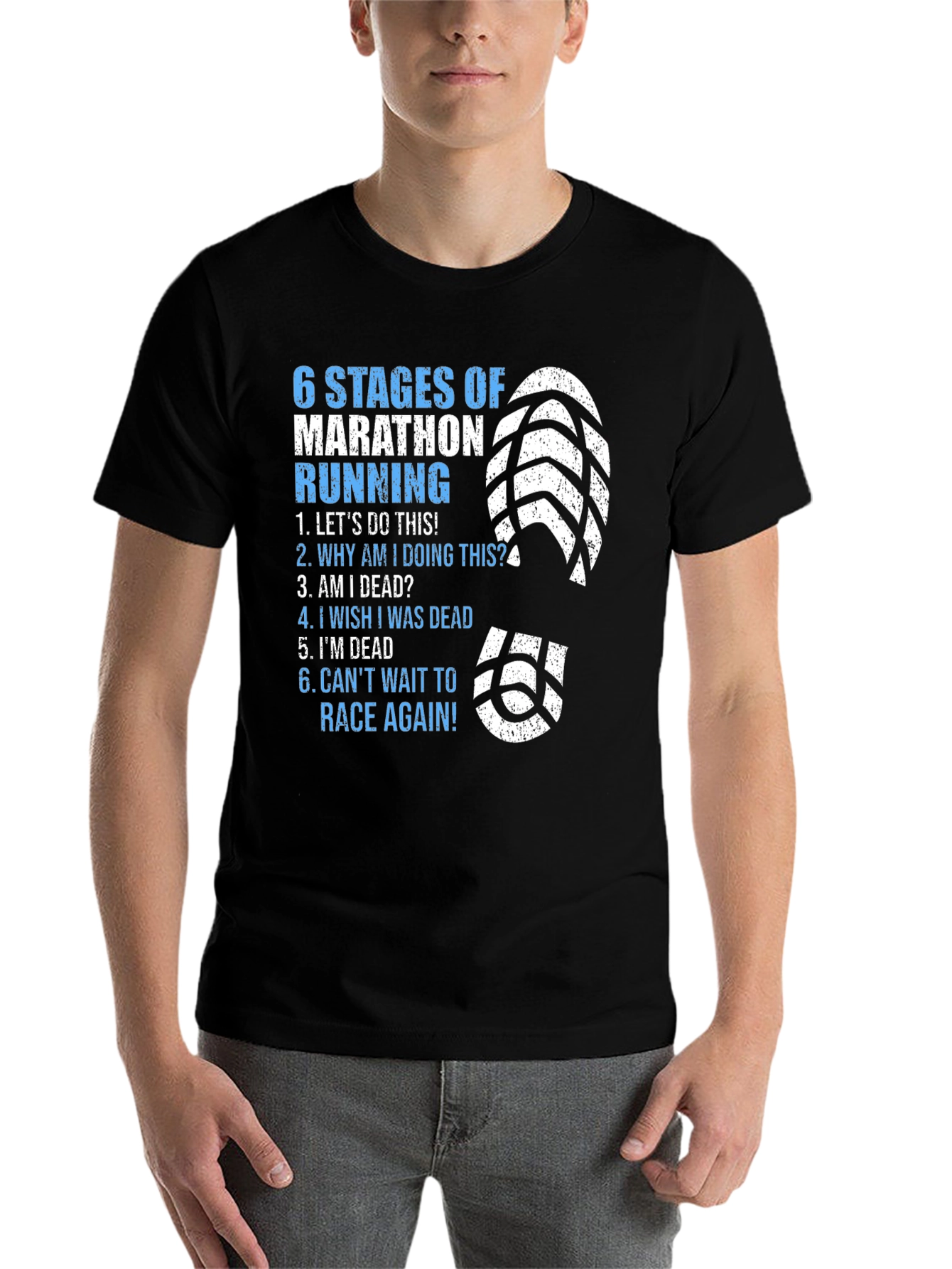 Black 6 Stages of Marathon Running T-Shirt view 7