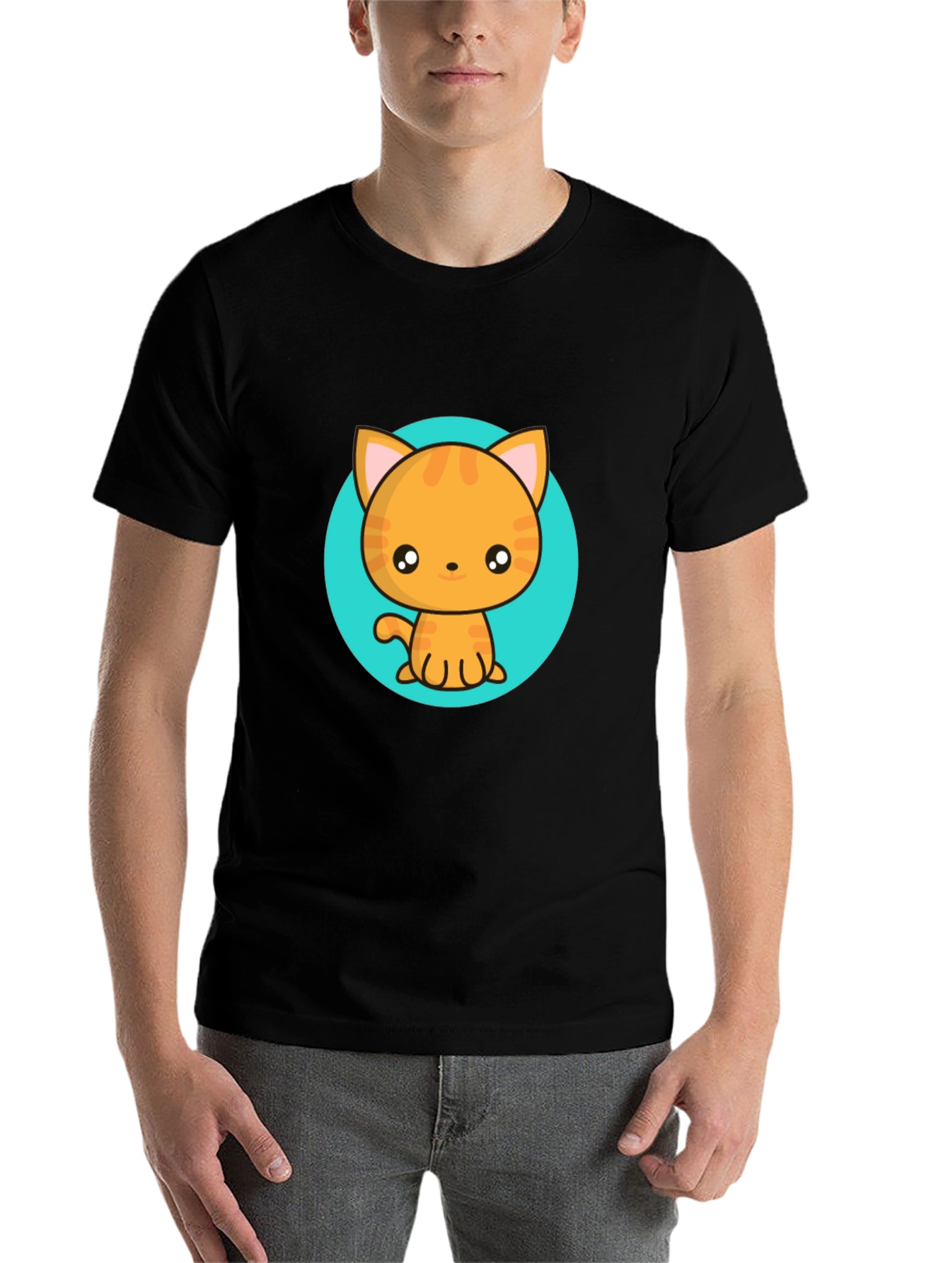Black Cute Cartoon Cat T-Shirt - Black Crew Neck Tee view 7