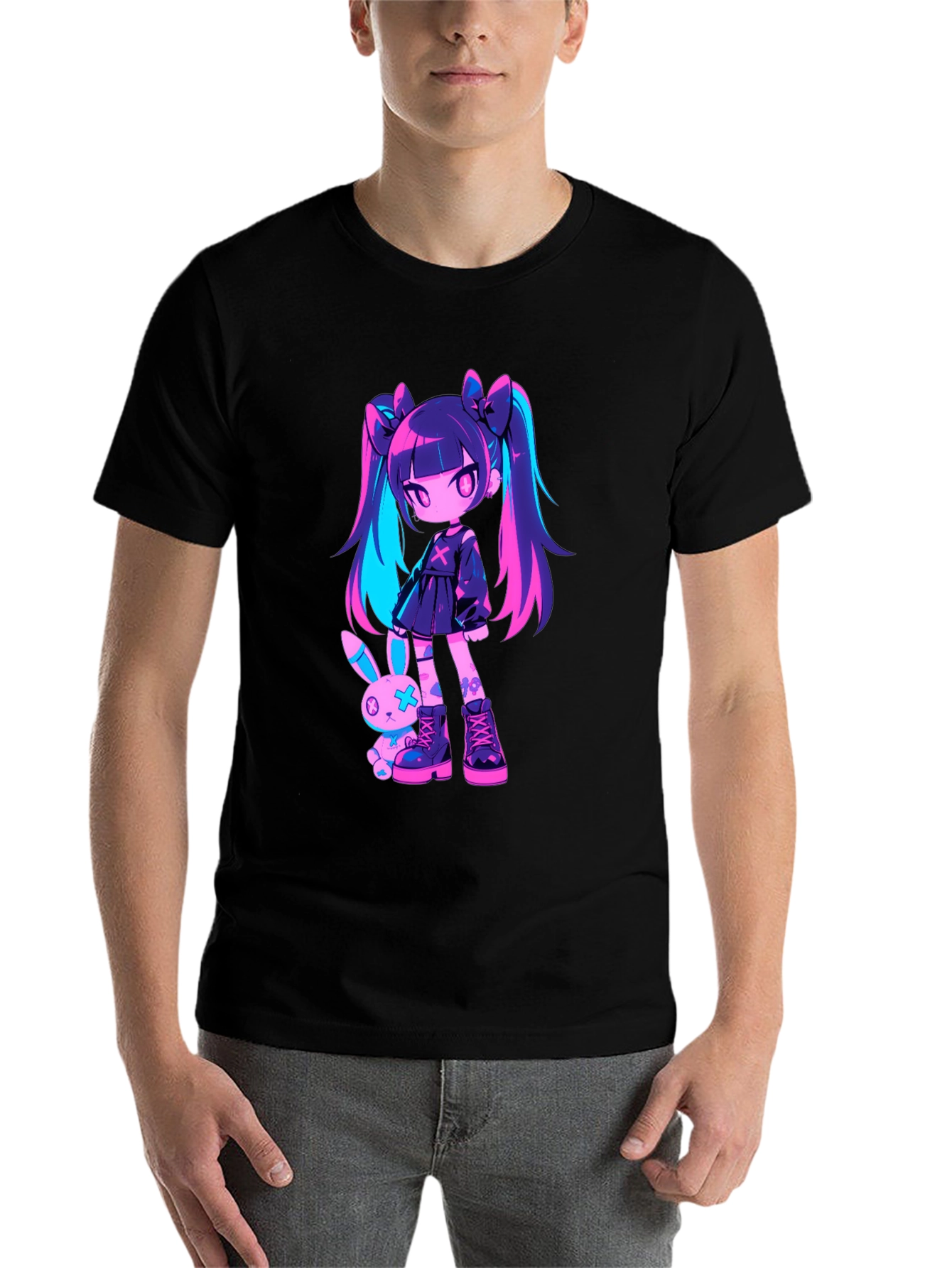 Black Anime Girl & Bunny Black T-Shirt view 7
