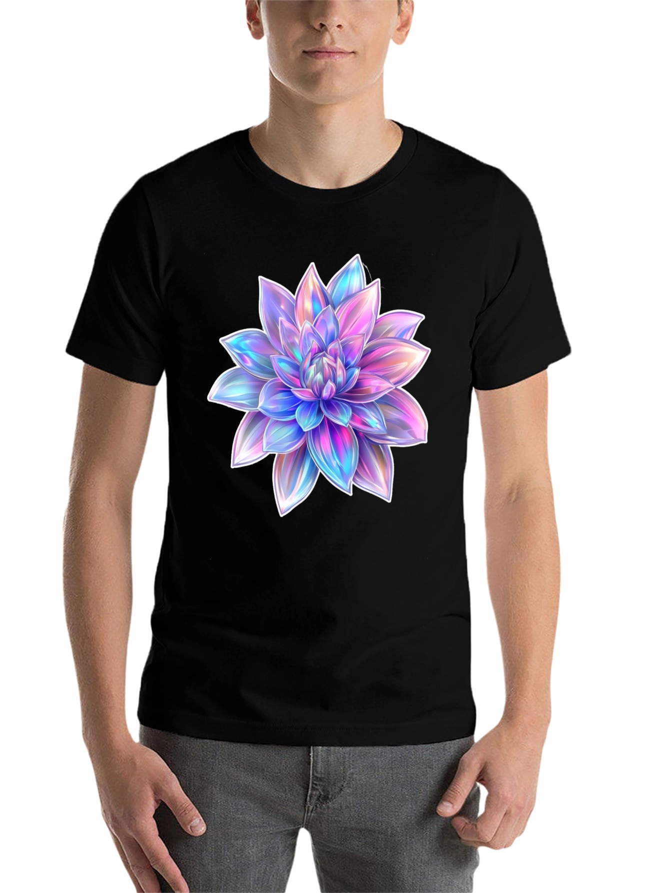 Black Men's Black T-Shirt with Holographic Flower Design view 7