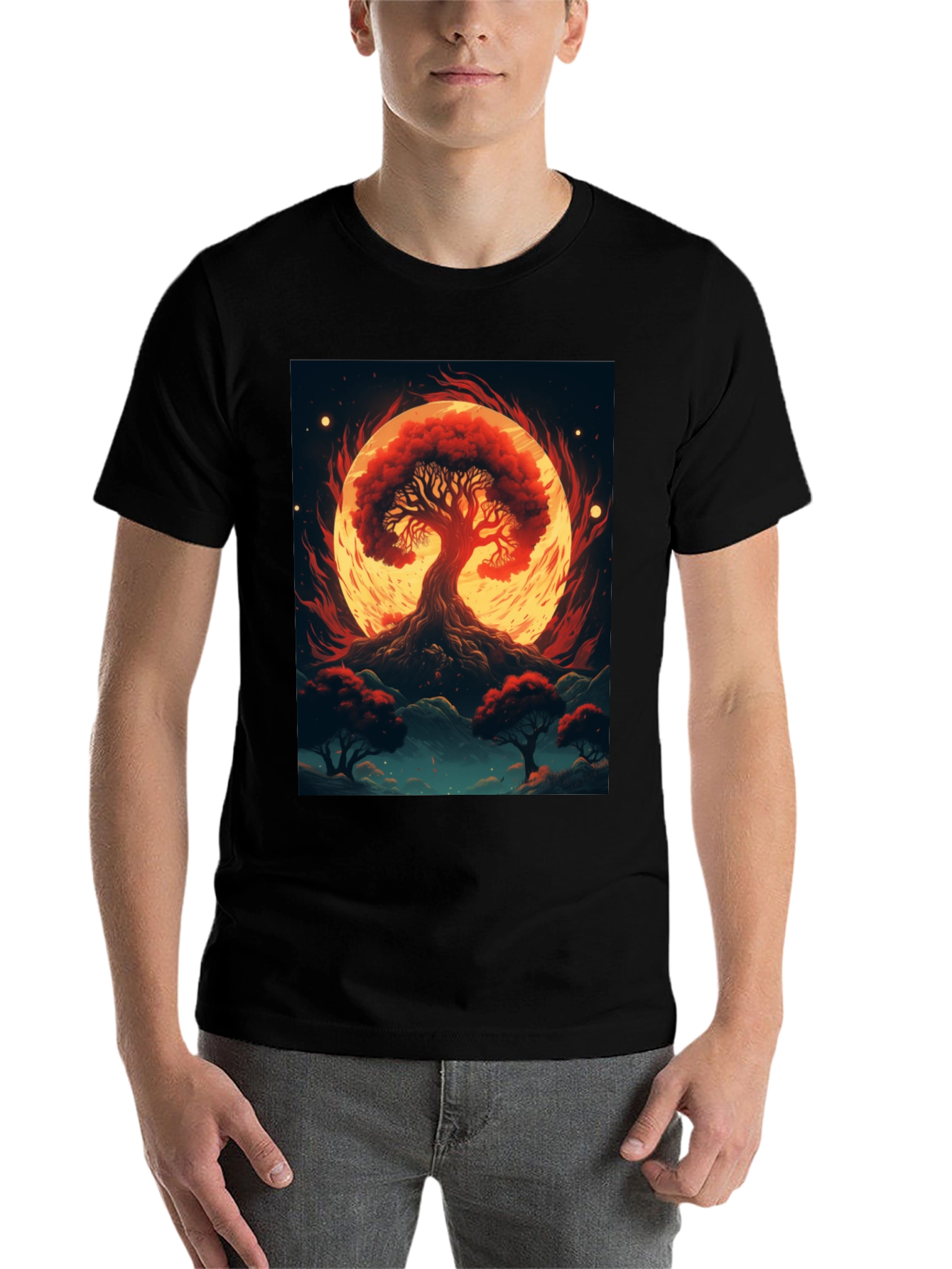 Black Red Tree Graphic Tee - Artistic Black T-Shirt view 7