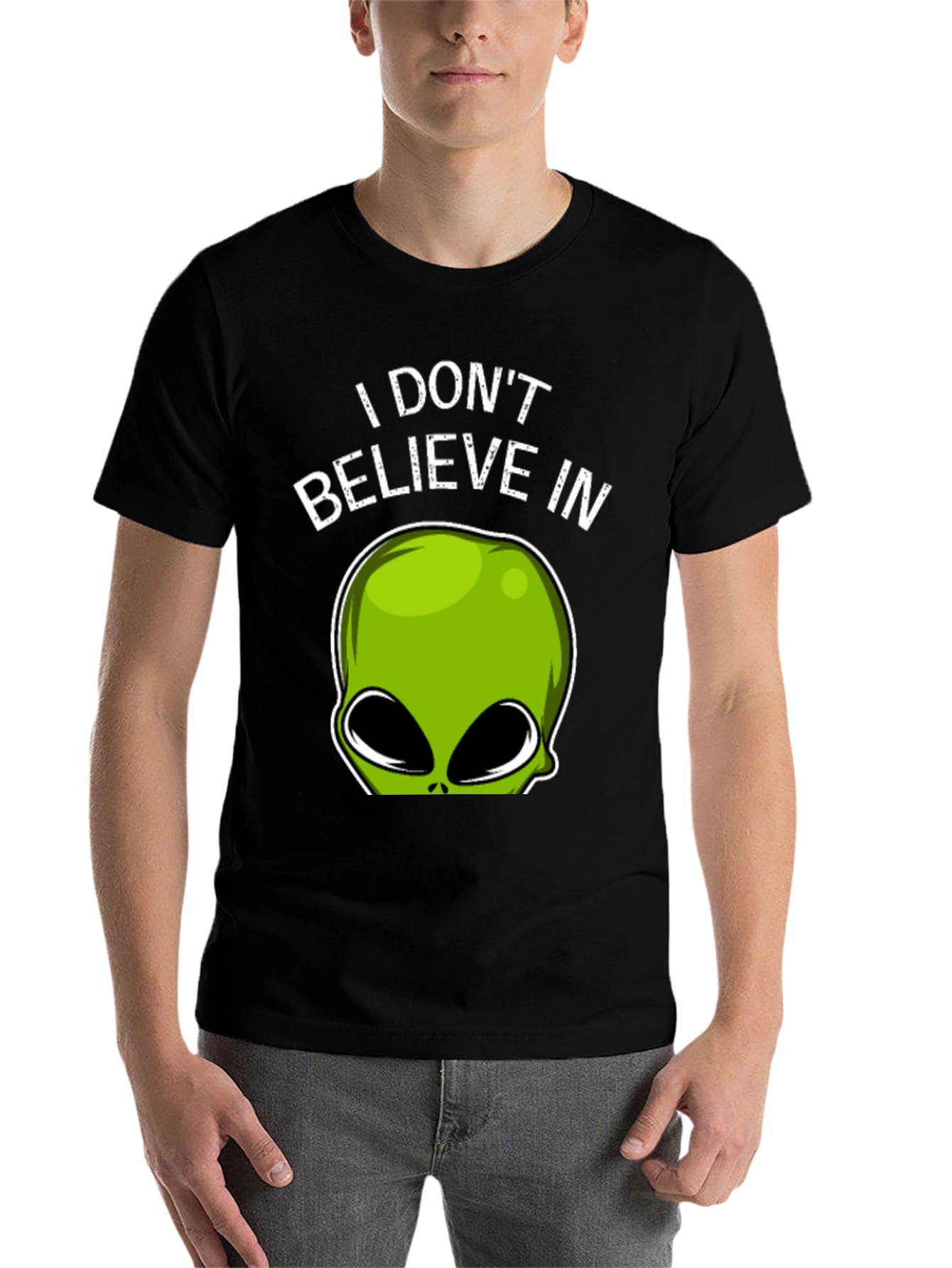 Black Alien Believer T-Shirt - Funny Graphic Tee view 7