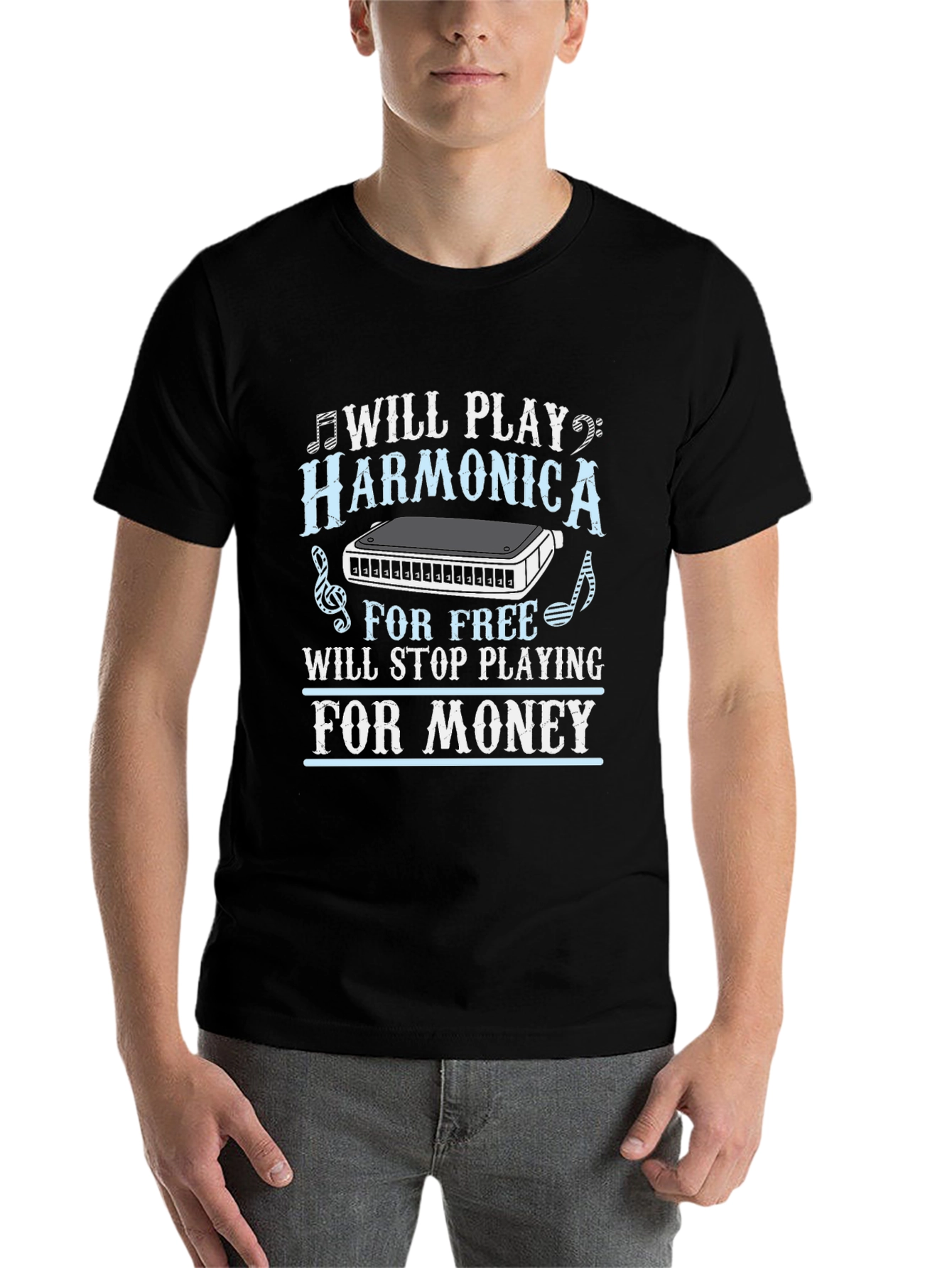 Black Harmonica Player T-Shirt - Music Lover Gift view 7