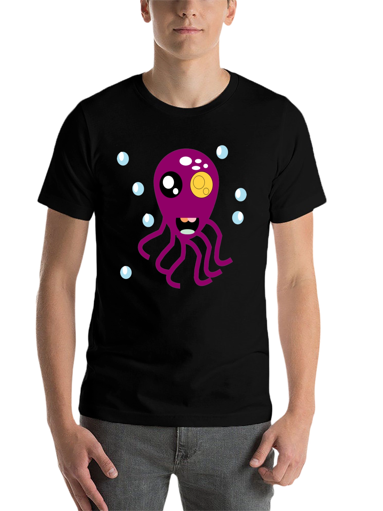 Black Cute Octopus Cartoon Graphic T-Shirt - Black view 7