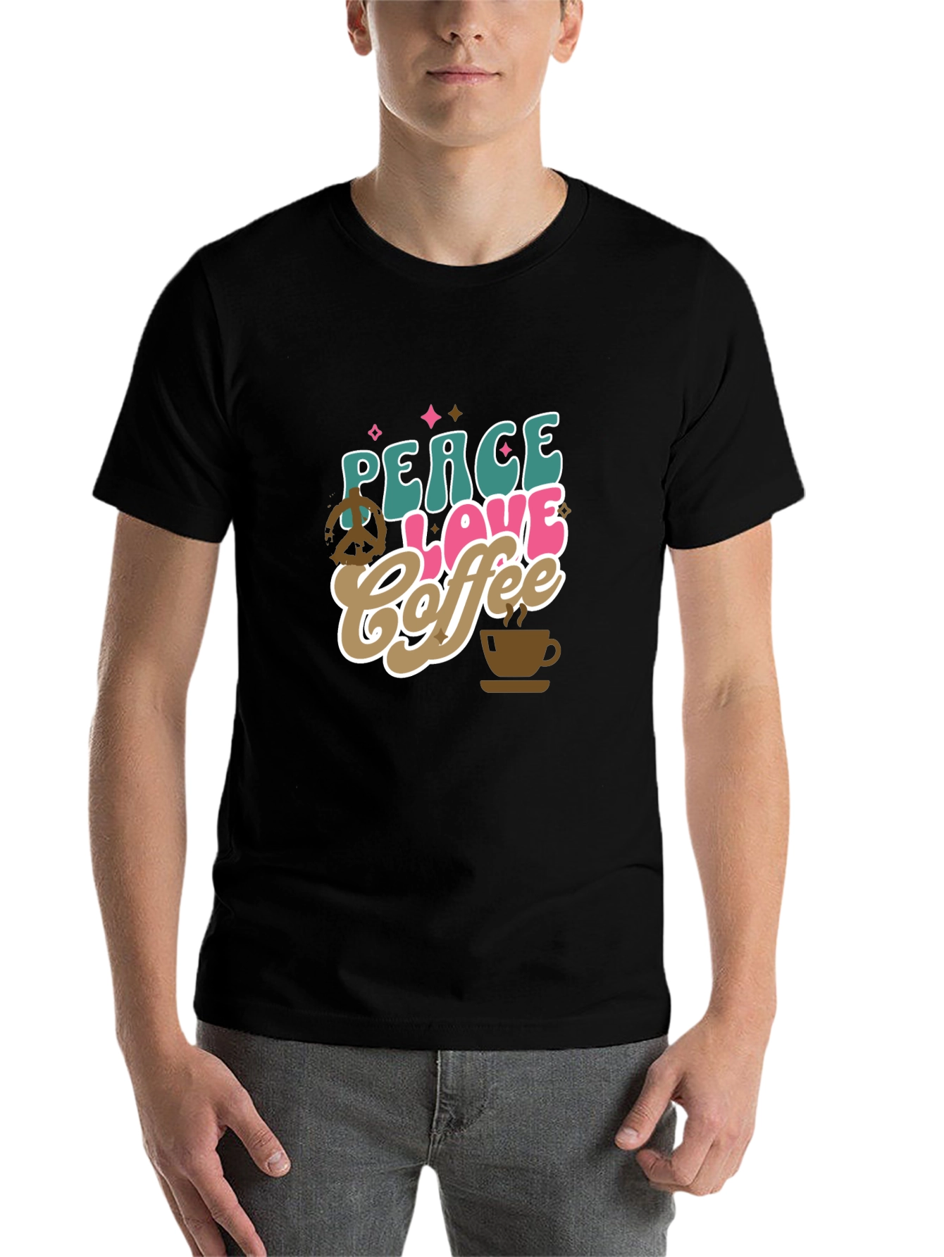 Black Peace Love Coffee Graphic T-Shirt - Trendy Design view 7
