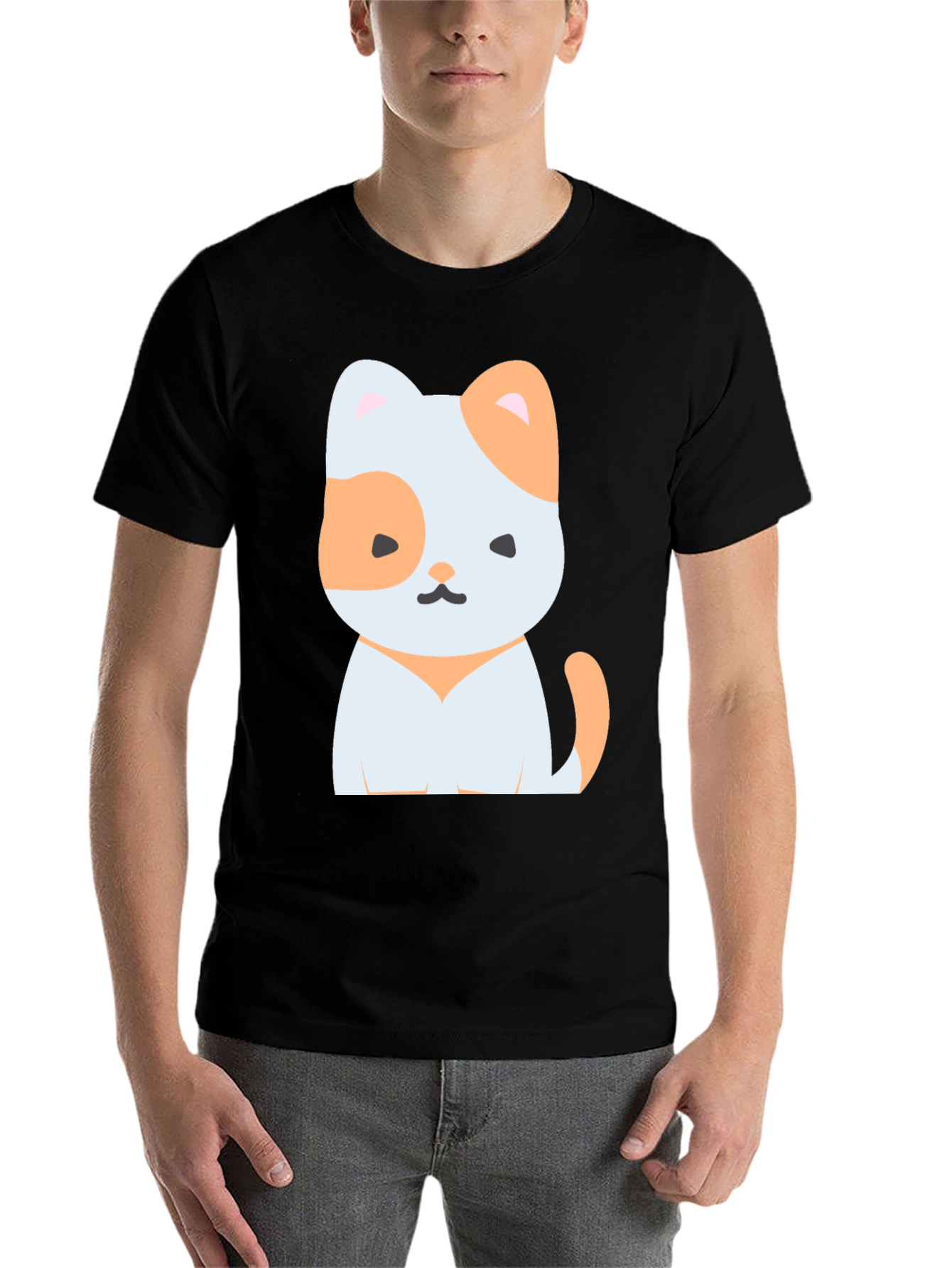 Black Cute Cartoon Cat Graphic Tee - Unisex Black T-Shirt view 7