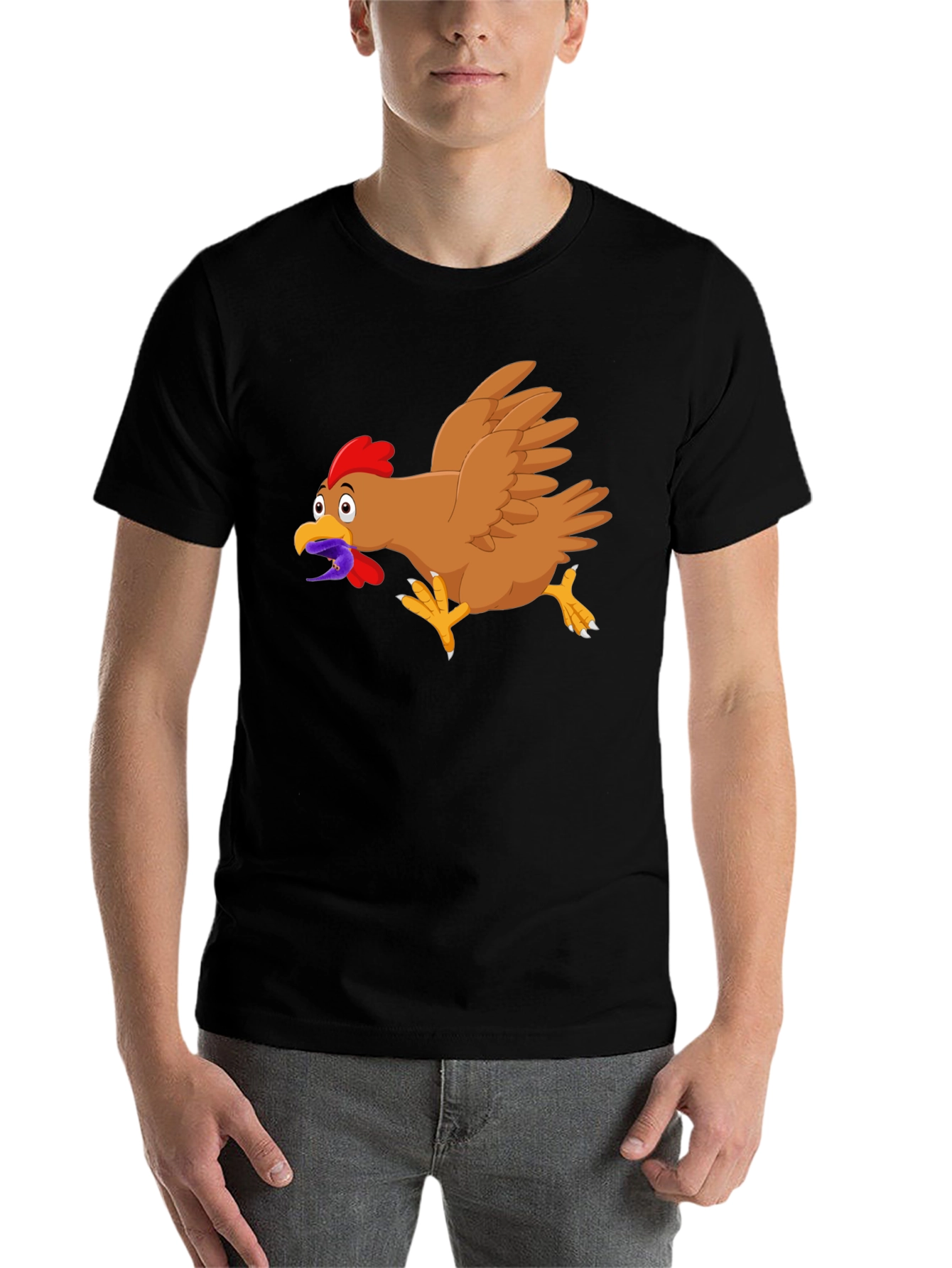 Black Funny Chicken Worm Cartoon Black T-Shirt view 7