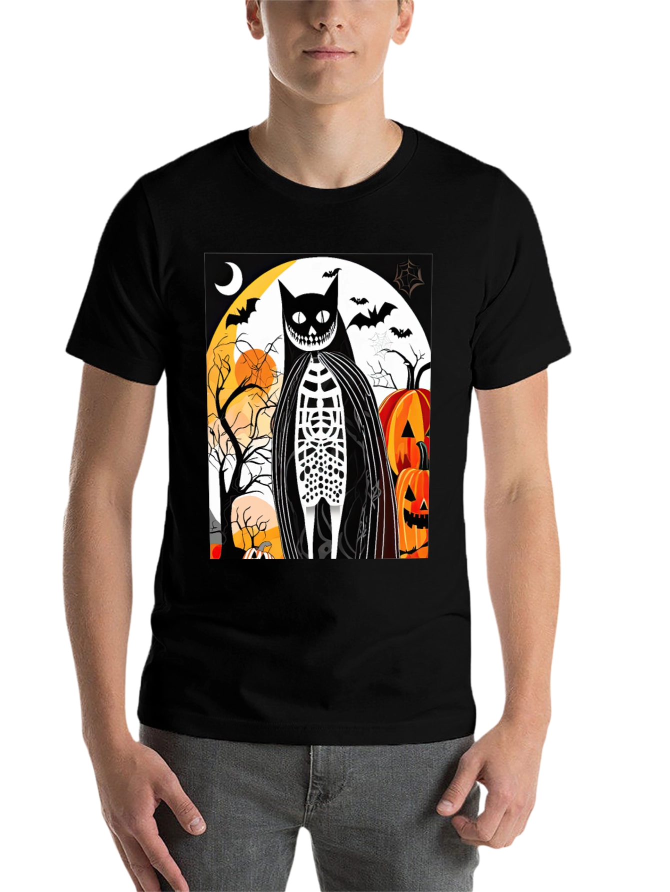 Black Halloween Cat Skeleton Graphic T-Shirt view 7