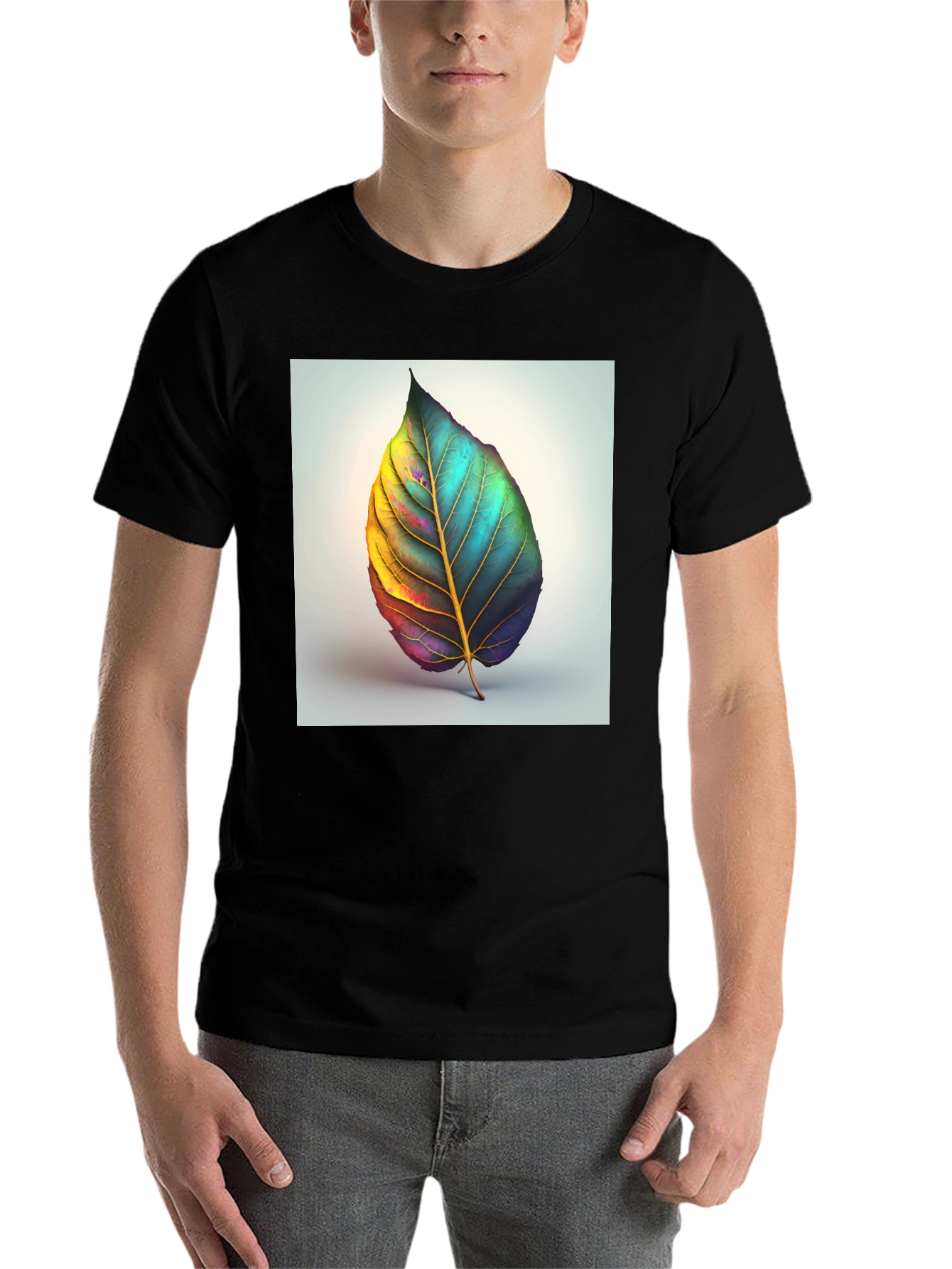 Artistic Leaf Graphic Tee - Black Cotton Blend - 7