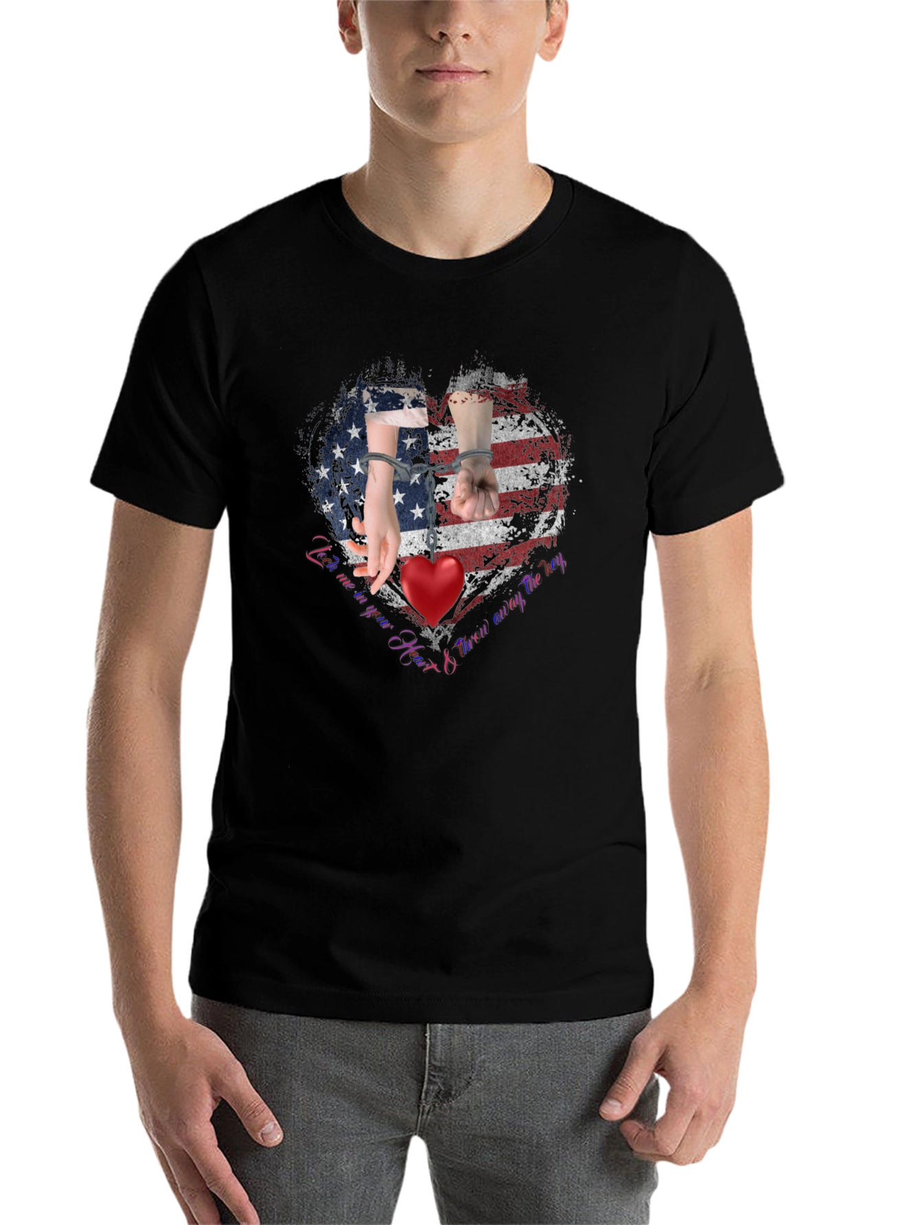 Black American Heart Handcuff Graphic T-Shirt view 7