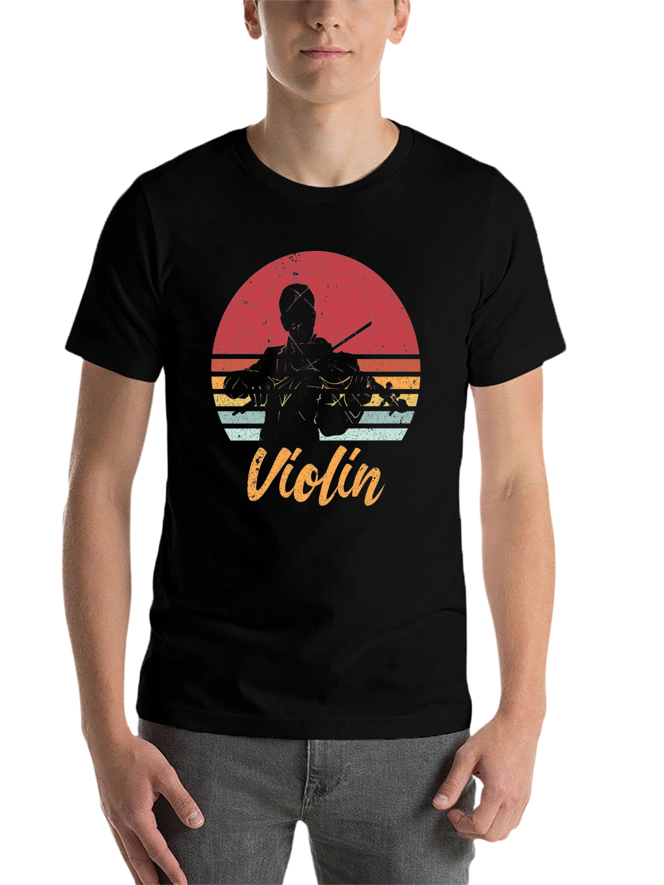 Black Retro Violin T-Shirt - Musician's Sunset Tee view 7