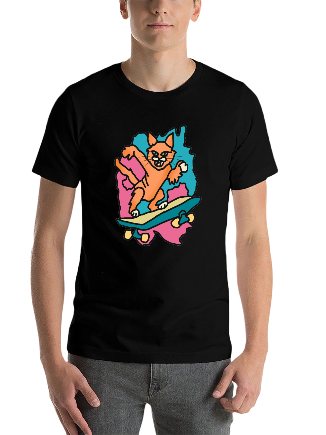 Black Skateboarding Cat Graphic Tee - Black Cotton T-Shirt view 7