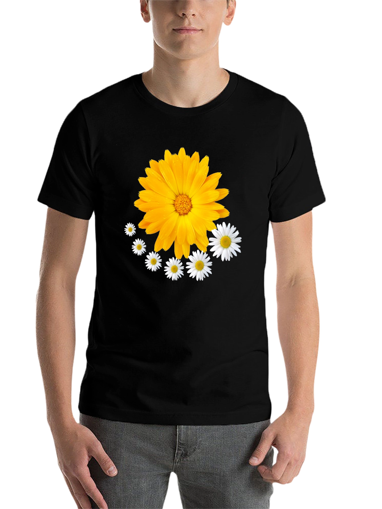 Black Floral T-Shirt: Calendula & Daisy Design view 7