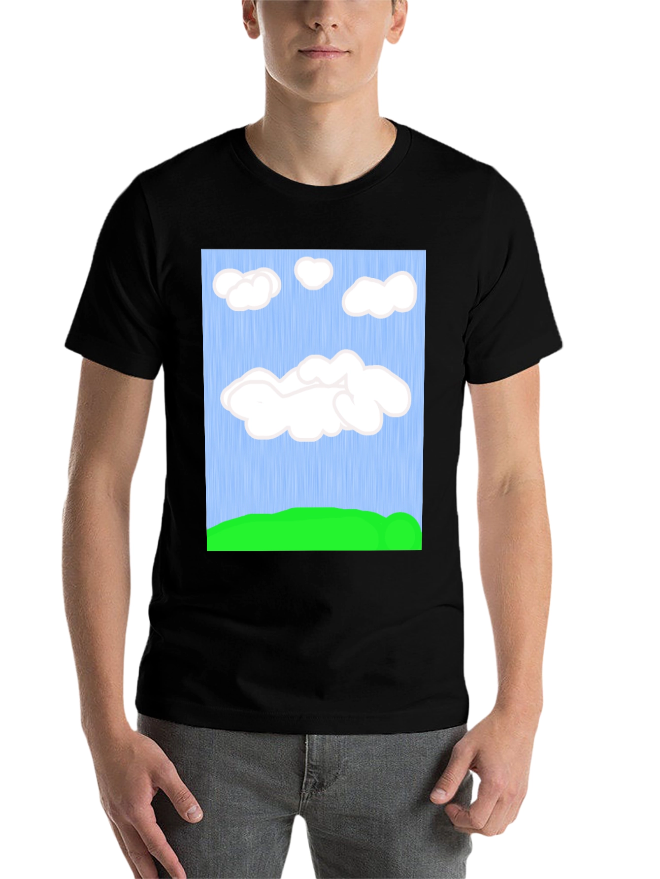 Black Cartoon Clouds T-Shirt - Sky & Green Field Design view 7